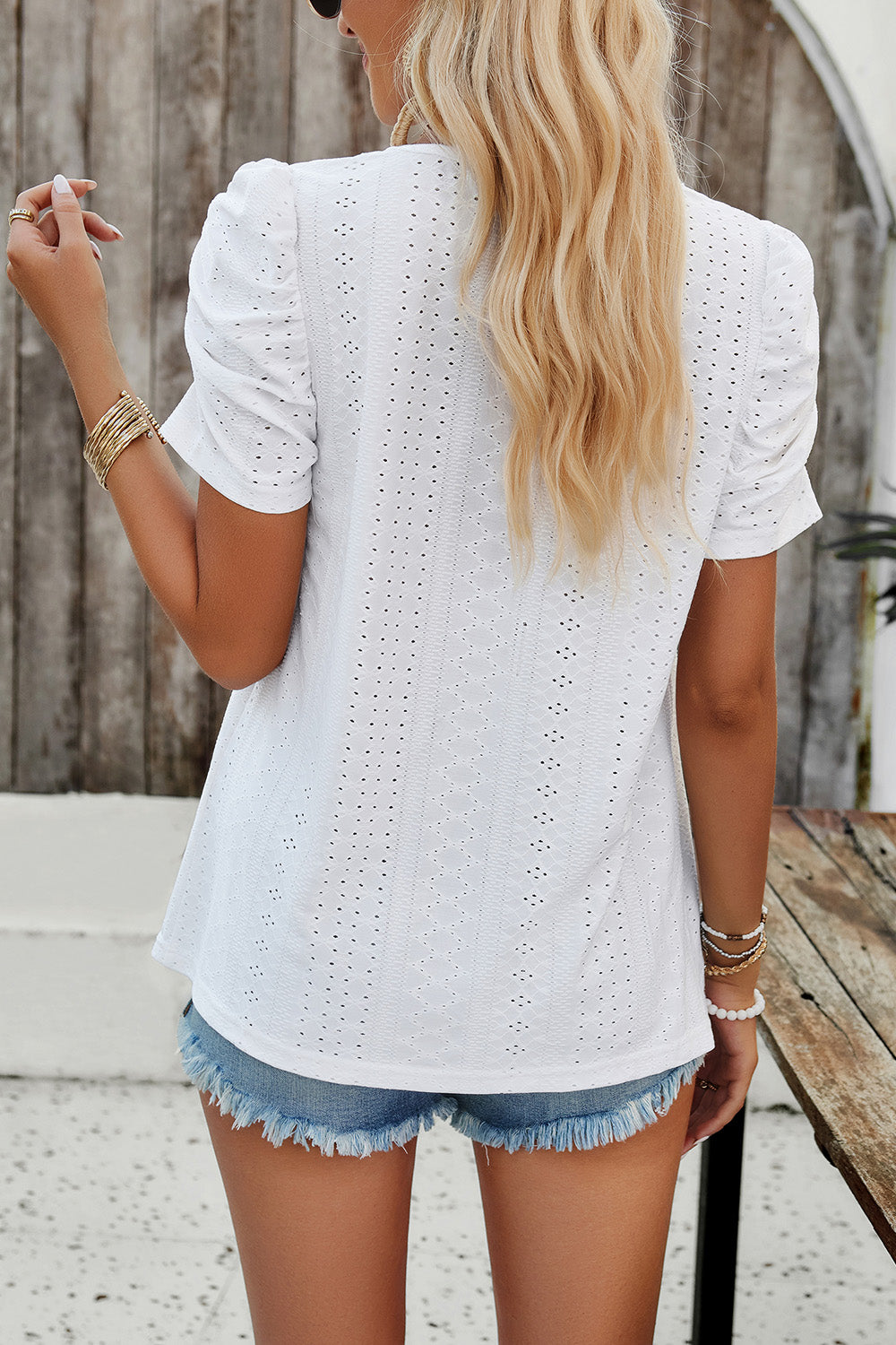 Eyelet Square Neck Puff Sleeve T-Shirt-Angel Casuals