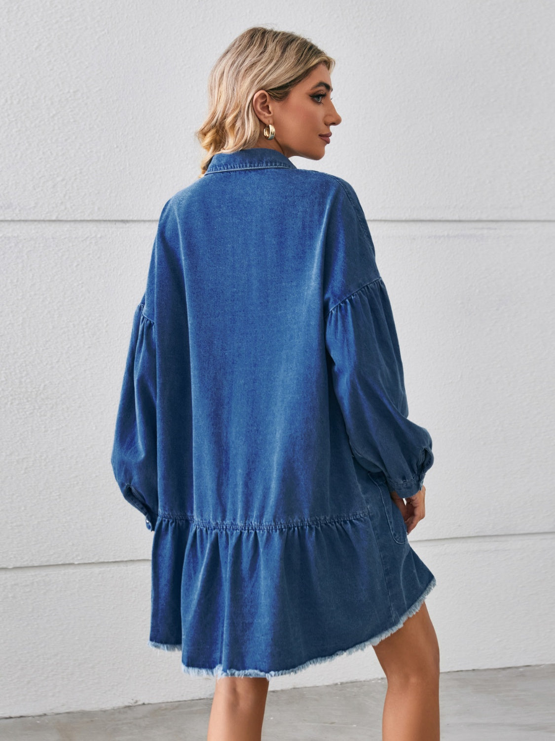 Button Up Pocketed Raw Hem Denim Dress-Angel Casuals
