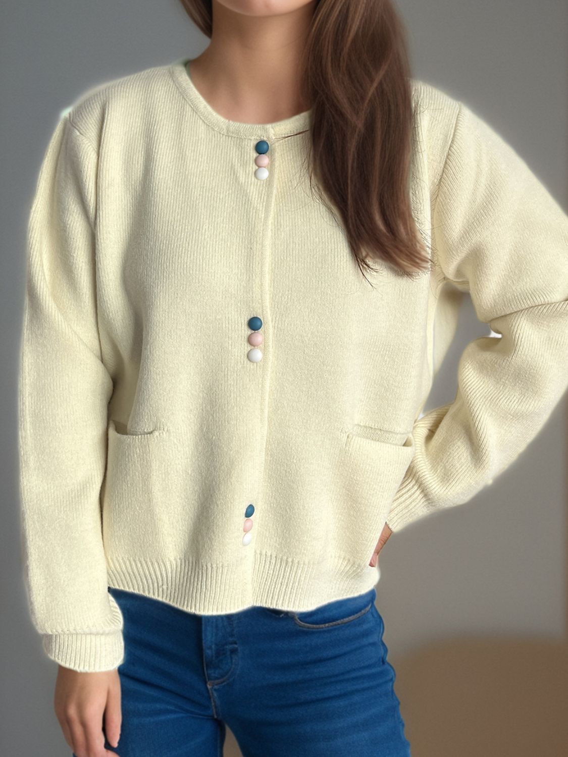 Button Down Long Sleeve Cardigan with Pockets-Angel Casuals