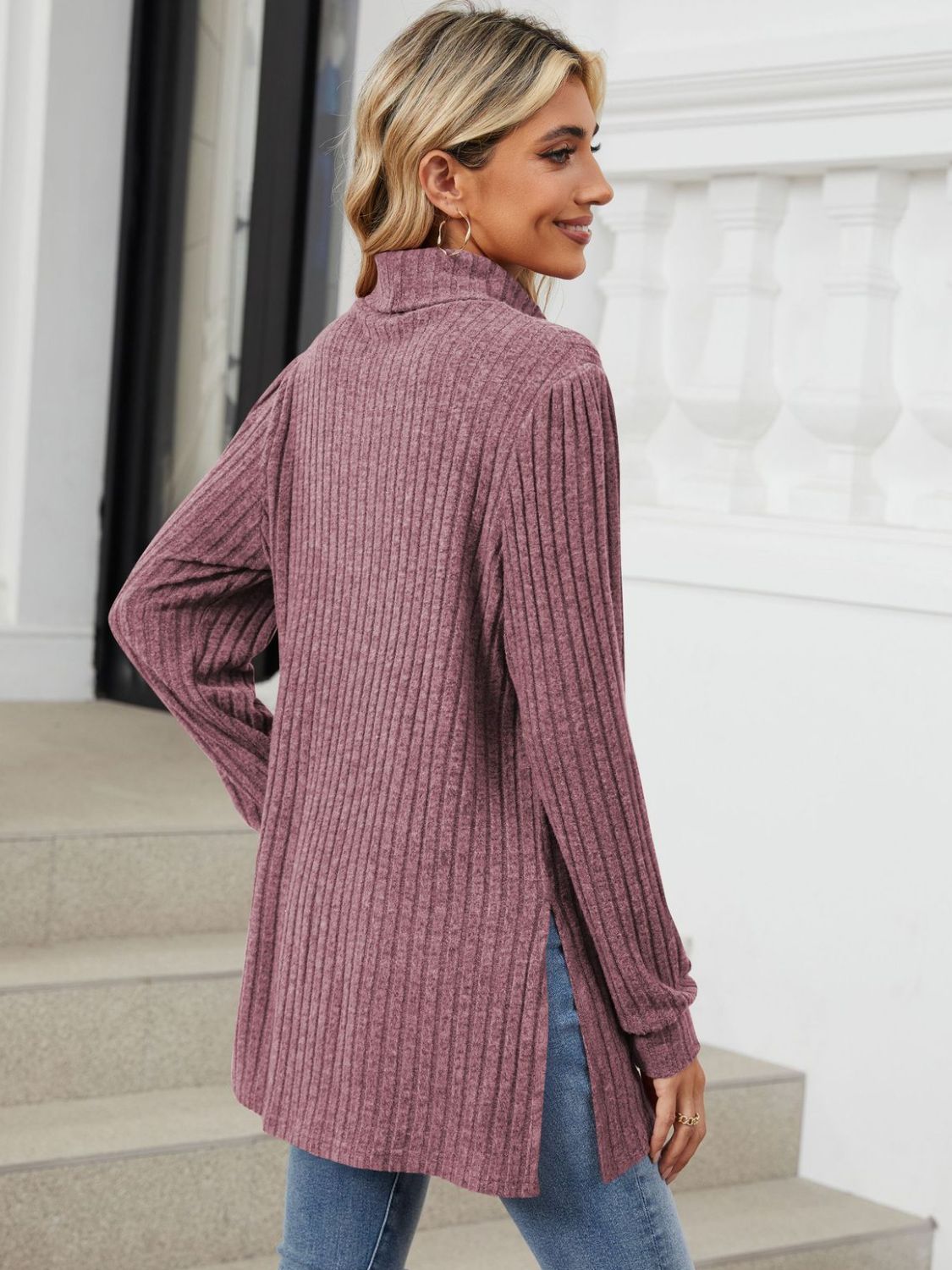 Slit Mock Neck Long Sleeve T-Shirt-Angel Casuals