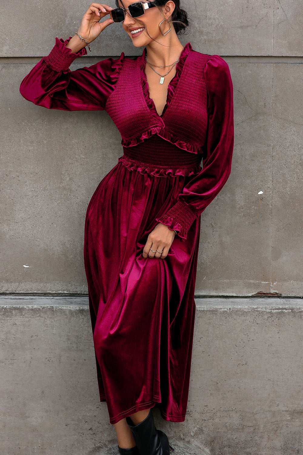 Smocked Lantern Sleeve Midi Dress-Angel Casuals