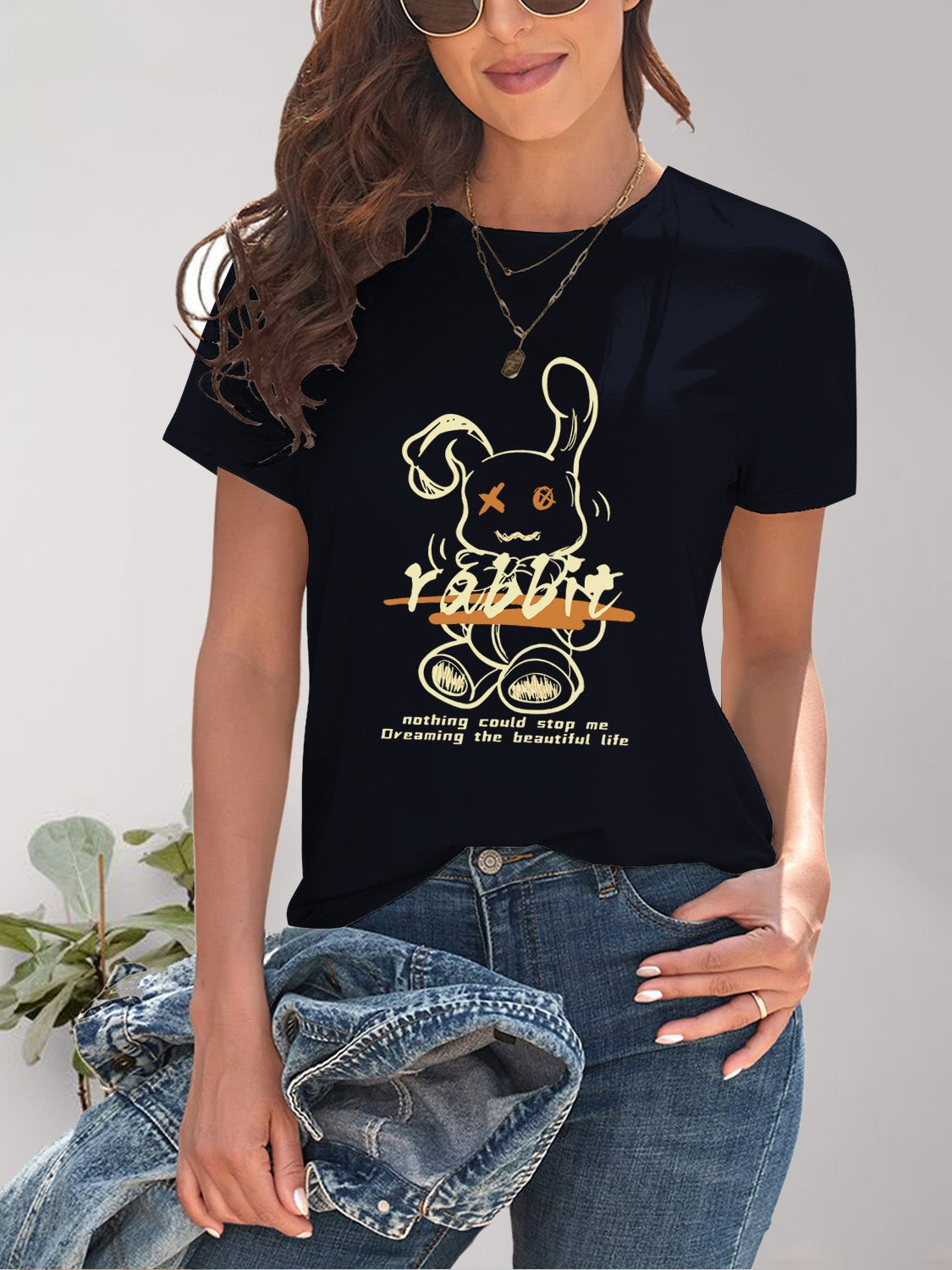 Rabbit Graphic Round Neck Short Sleeve T-Shirt-Angel Casuals