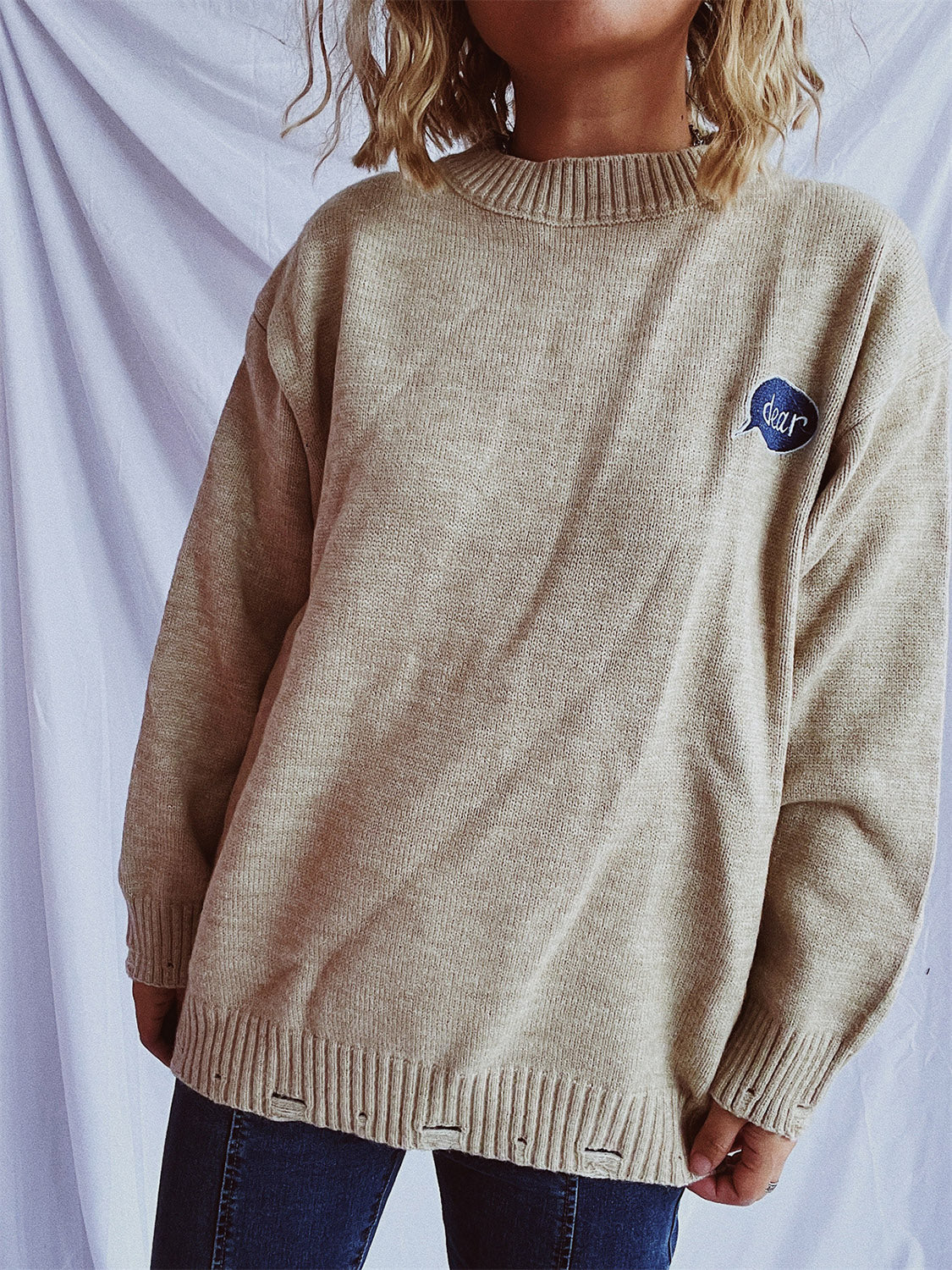 Embroidered Round Neck Dropped Shoulder Sweater-Angel Casuals