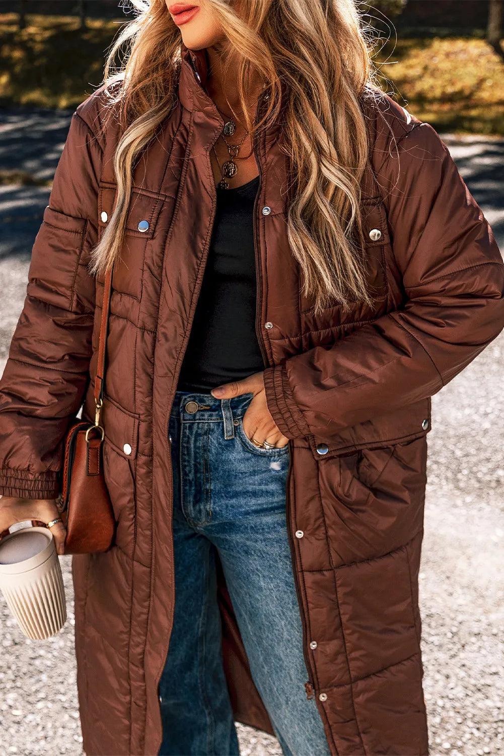 Pocketed Bubble Texture Long Sleeve Longline Winter Coat-Angel Casuals