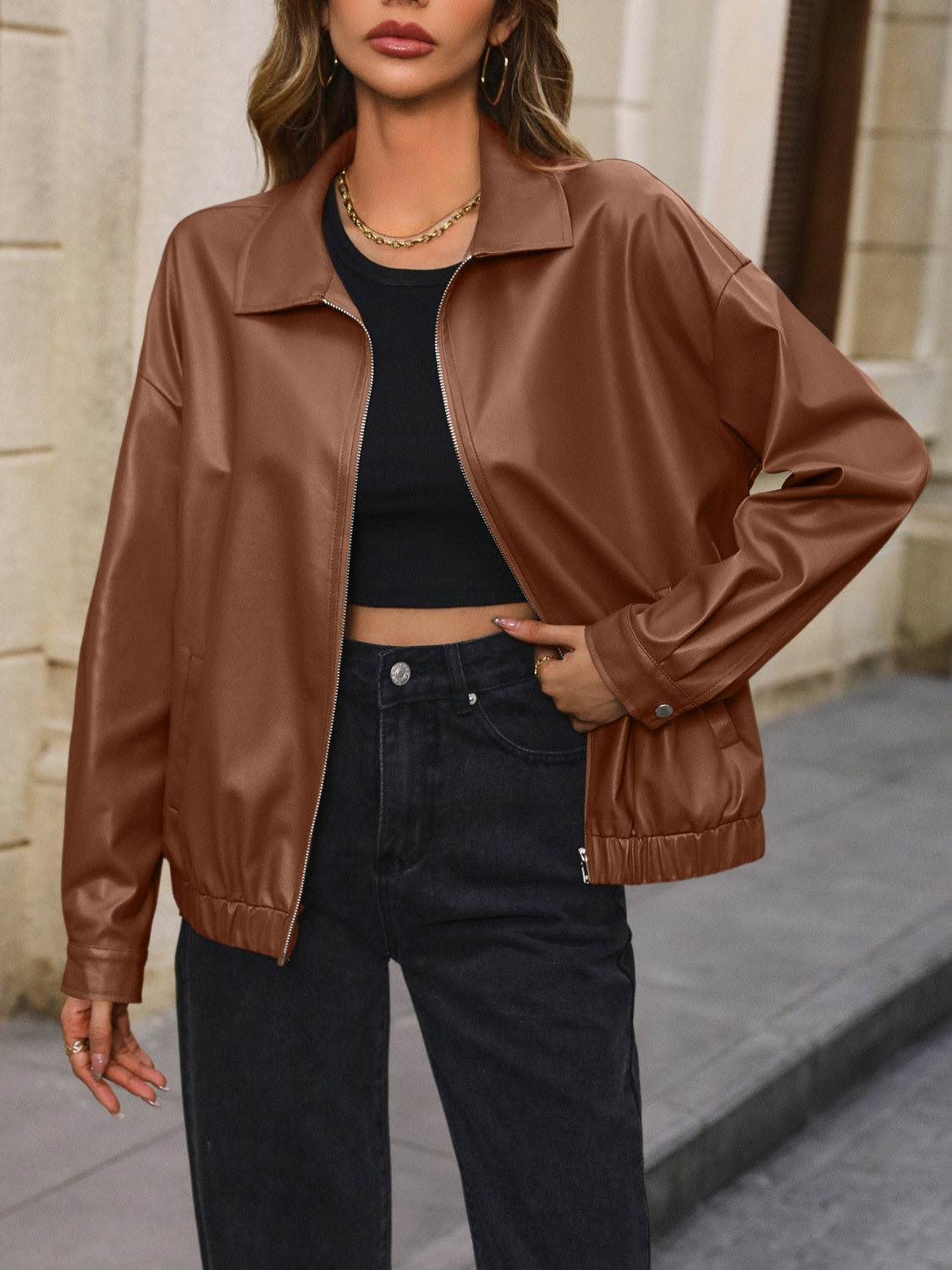 Ivy Lane Pocketed Zip Up Collared Neck Jacket-Angel Casuals