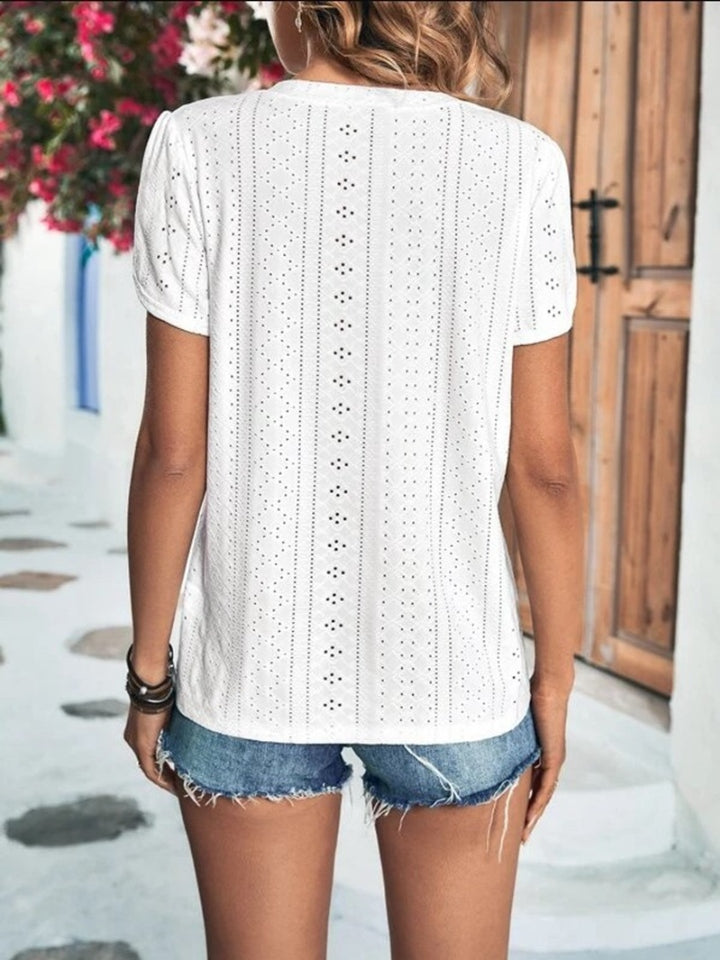 Eyelet V-Neck Petal Sleeve T-Shirt-Angel Casuals