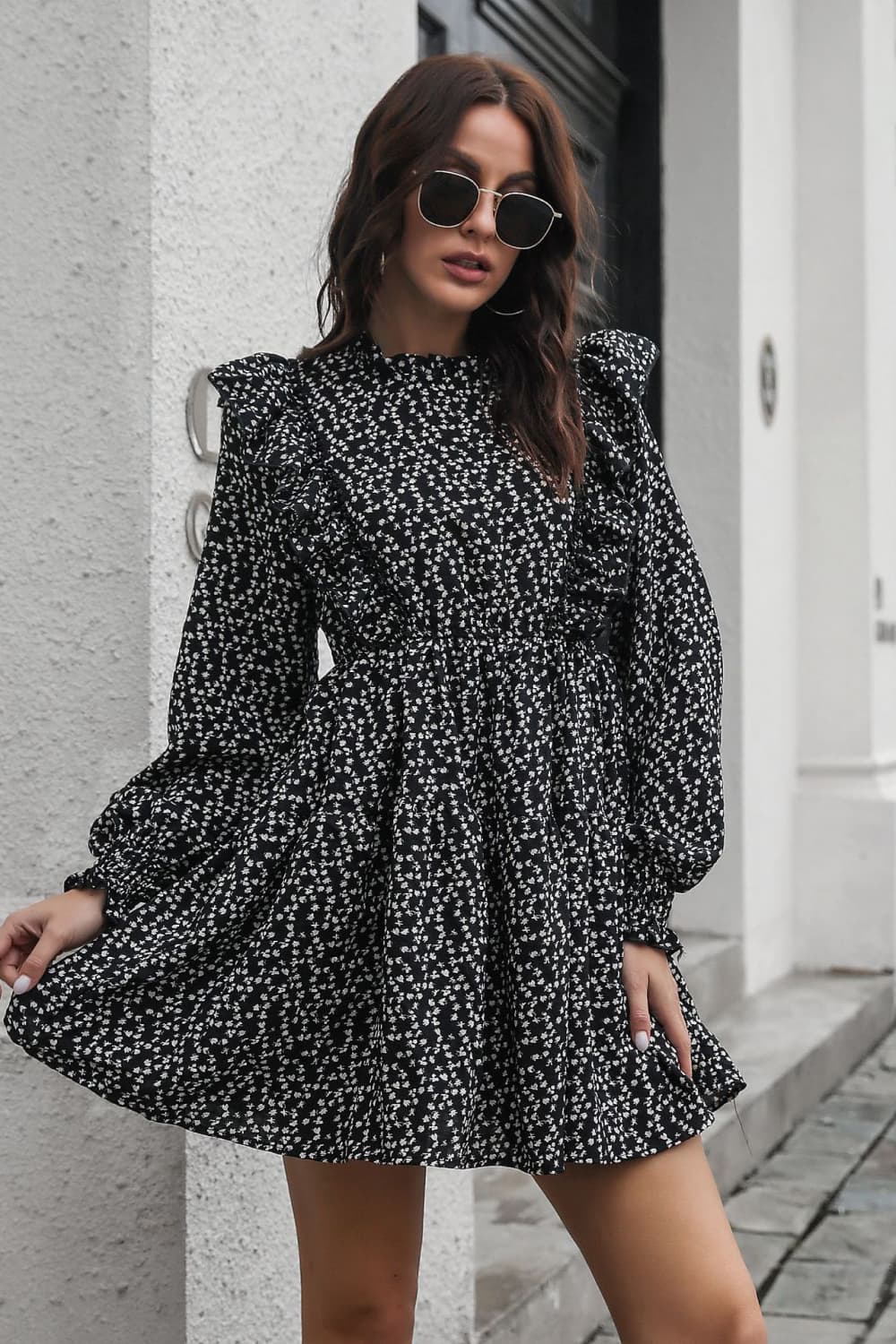 Printed Ruffle Trim Smocked Long Sleeve Mini Dress-Angel Casuals