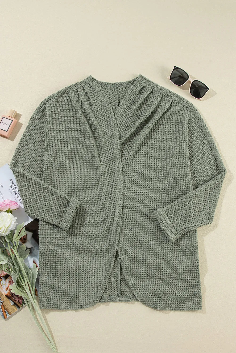 Waffle-Knit Open Front Long Sleeve Cover Up-Angel Casuals