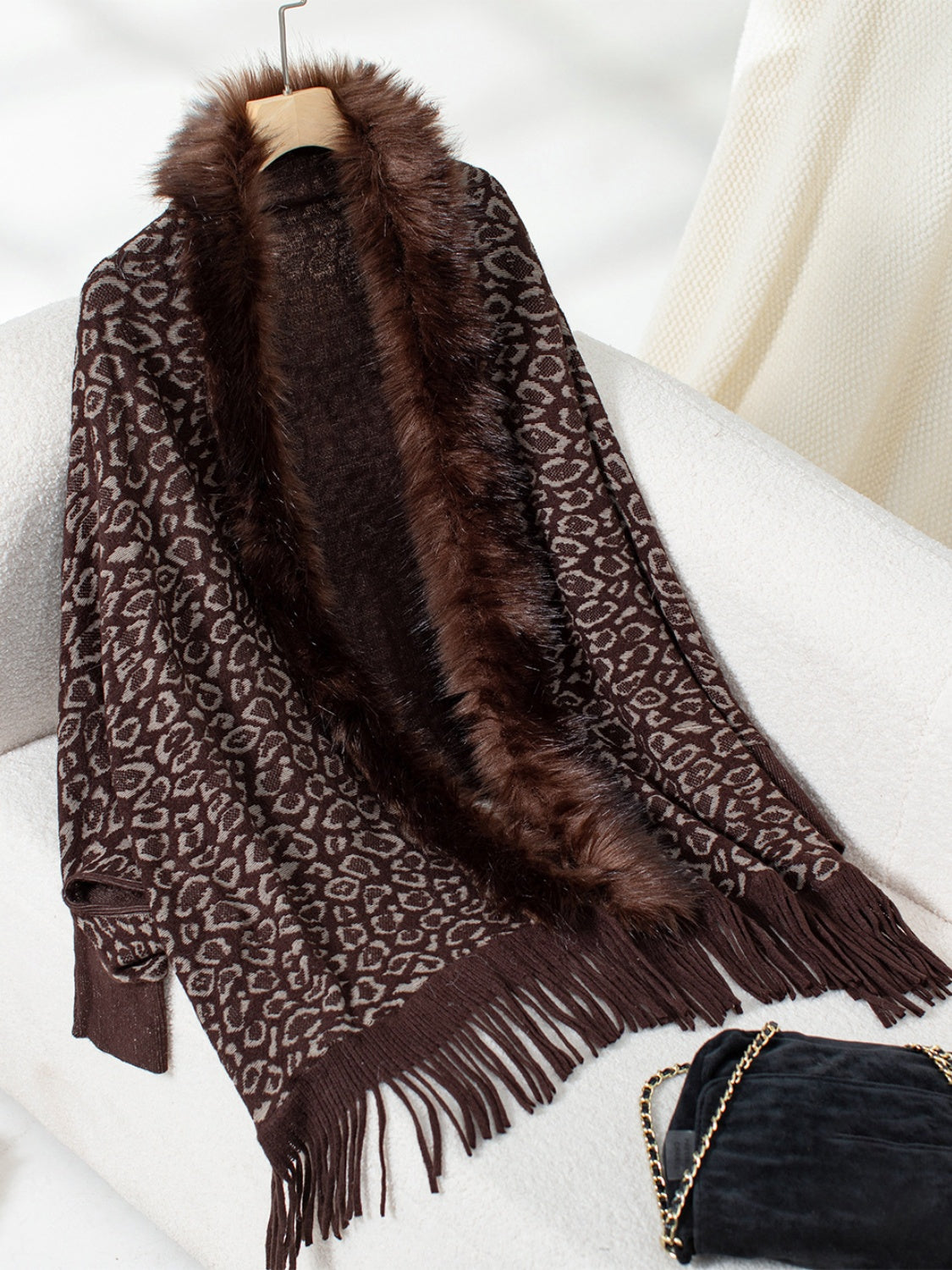 Fringe Leopard Open Front Long Sleeve Poncho-Angel Casuals