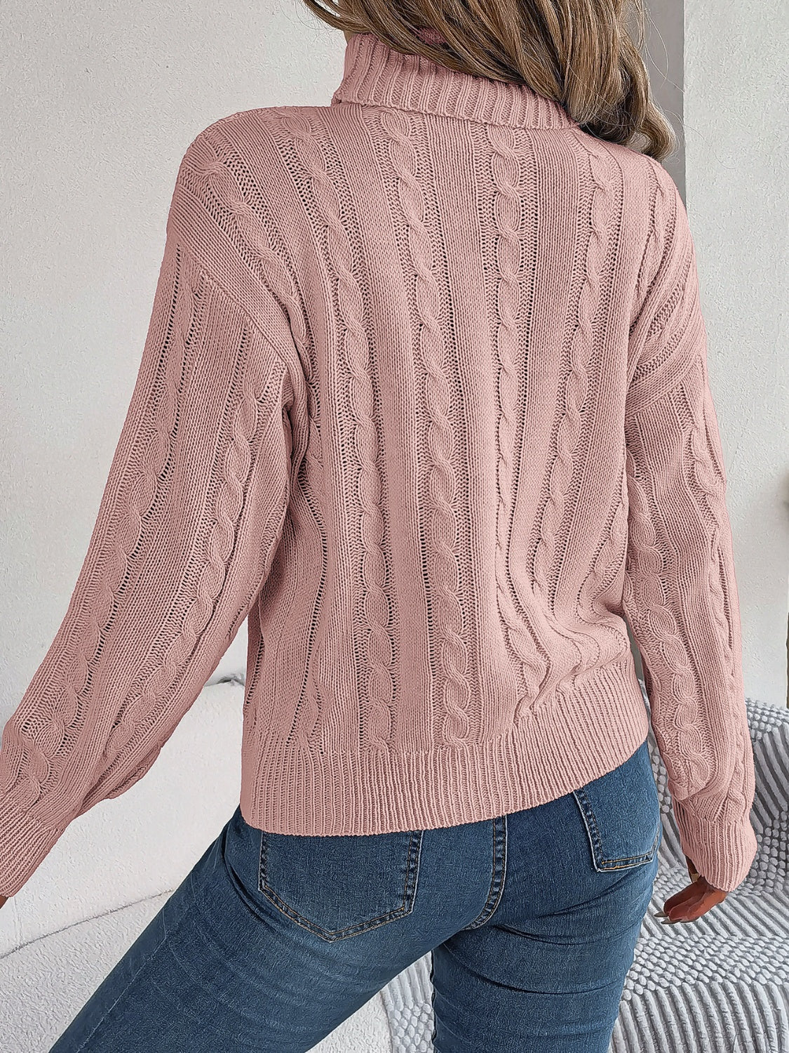 Cable-Knit Turtleneck Dropped Shoulder Sweater-Angel Casuals