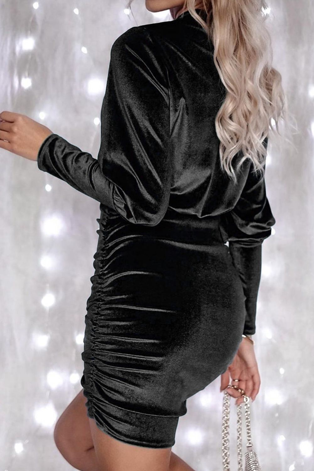 Ruched Round Neck Lantern Sleeve Mini Dress-Angel Casuals