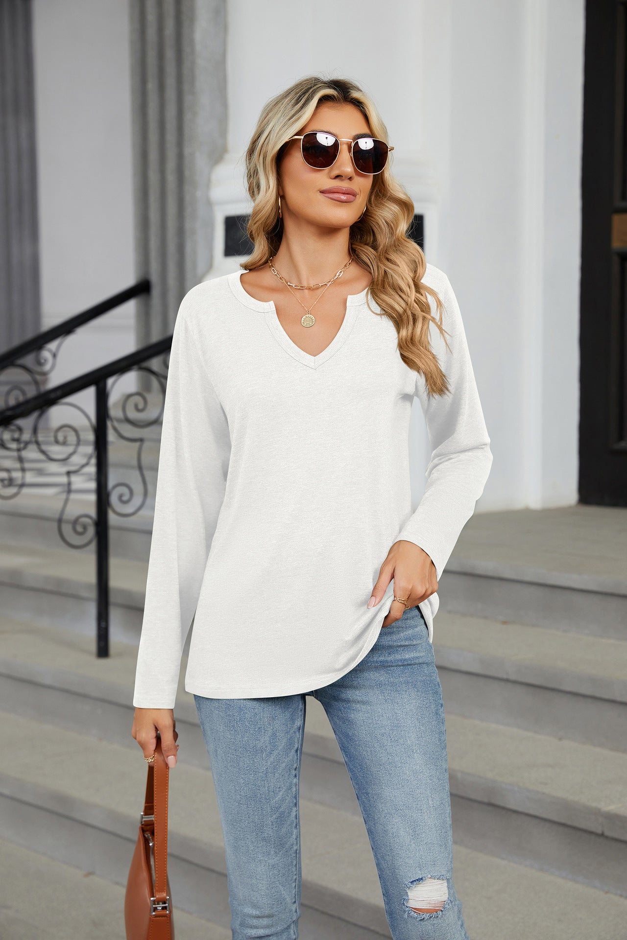 Notched Long Sleeve T-Shirt-Angel Casuals