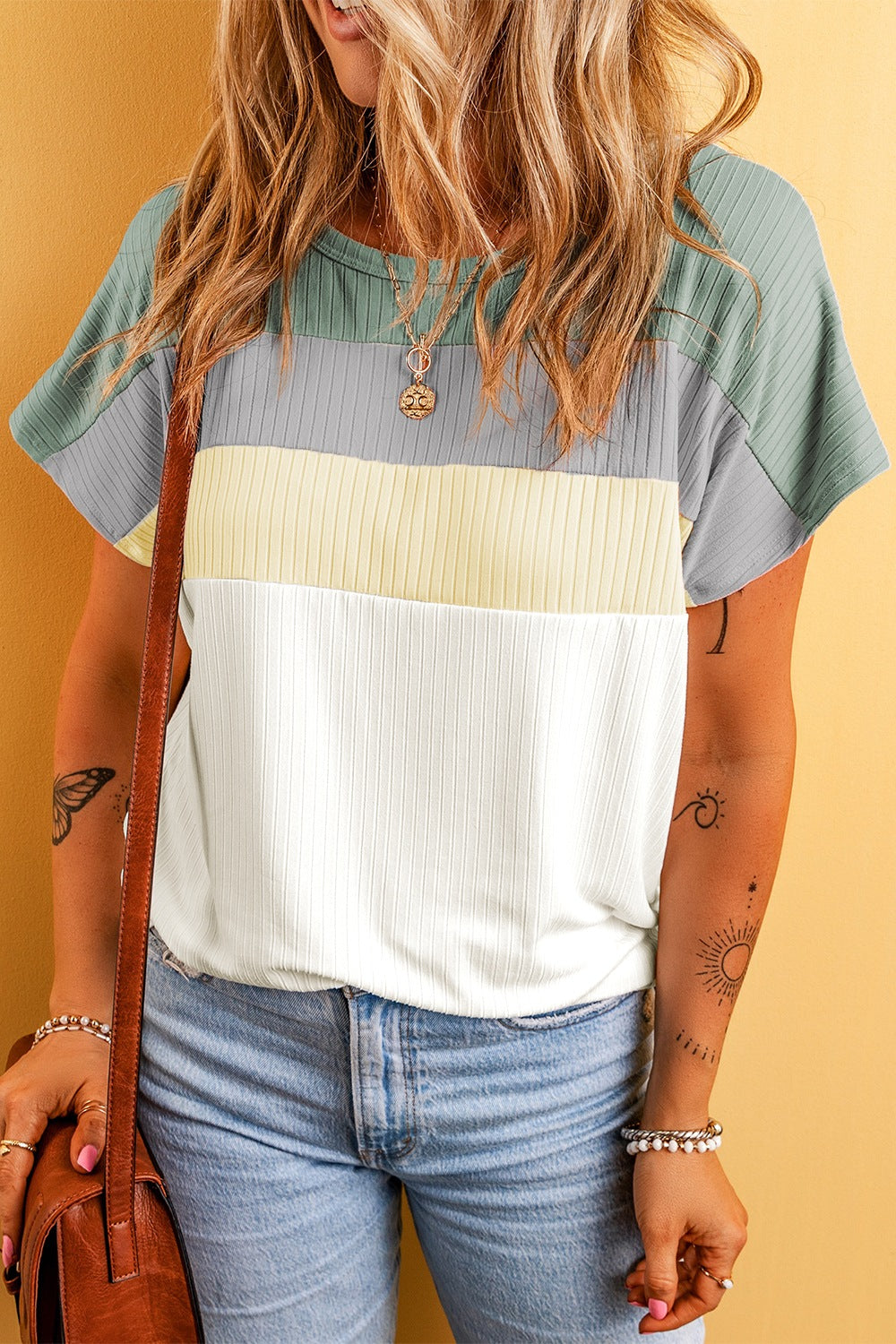 Color Block Round Neck Short Sleeve T-Shirt-Angel Casuals