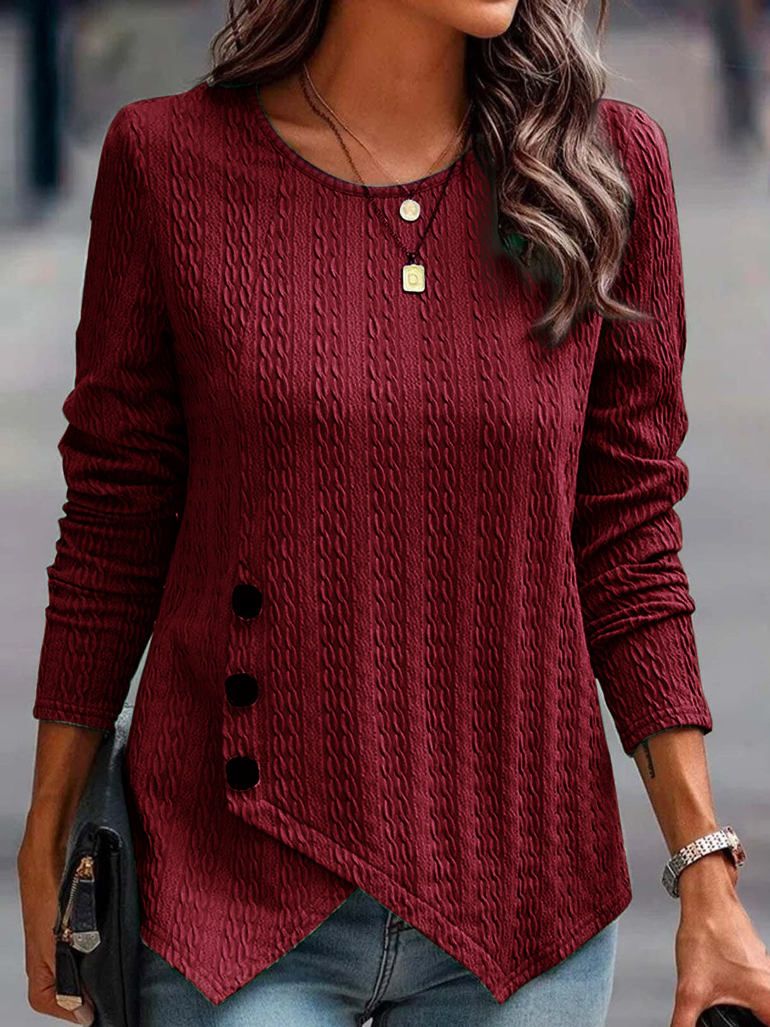 Decorative Button Round Neck Long Sleeve Top-Angel Casuals