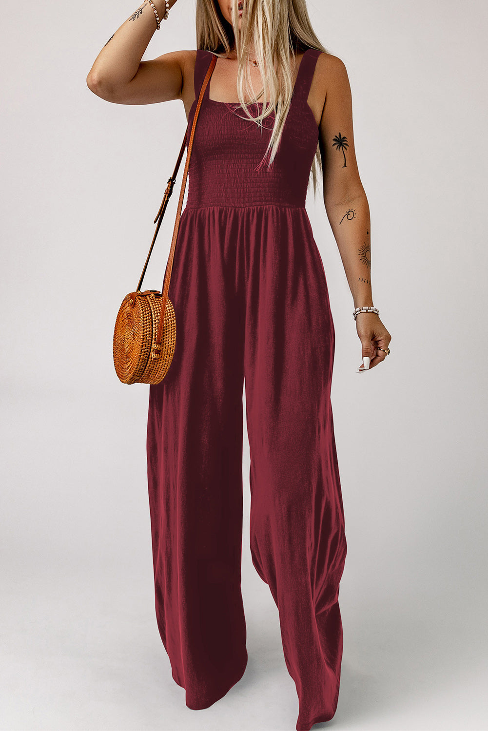 Smocked Square Neck Wide Leg Jumpsuit with Pockets-Angel Casuals