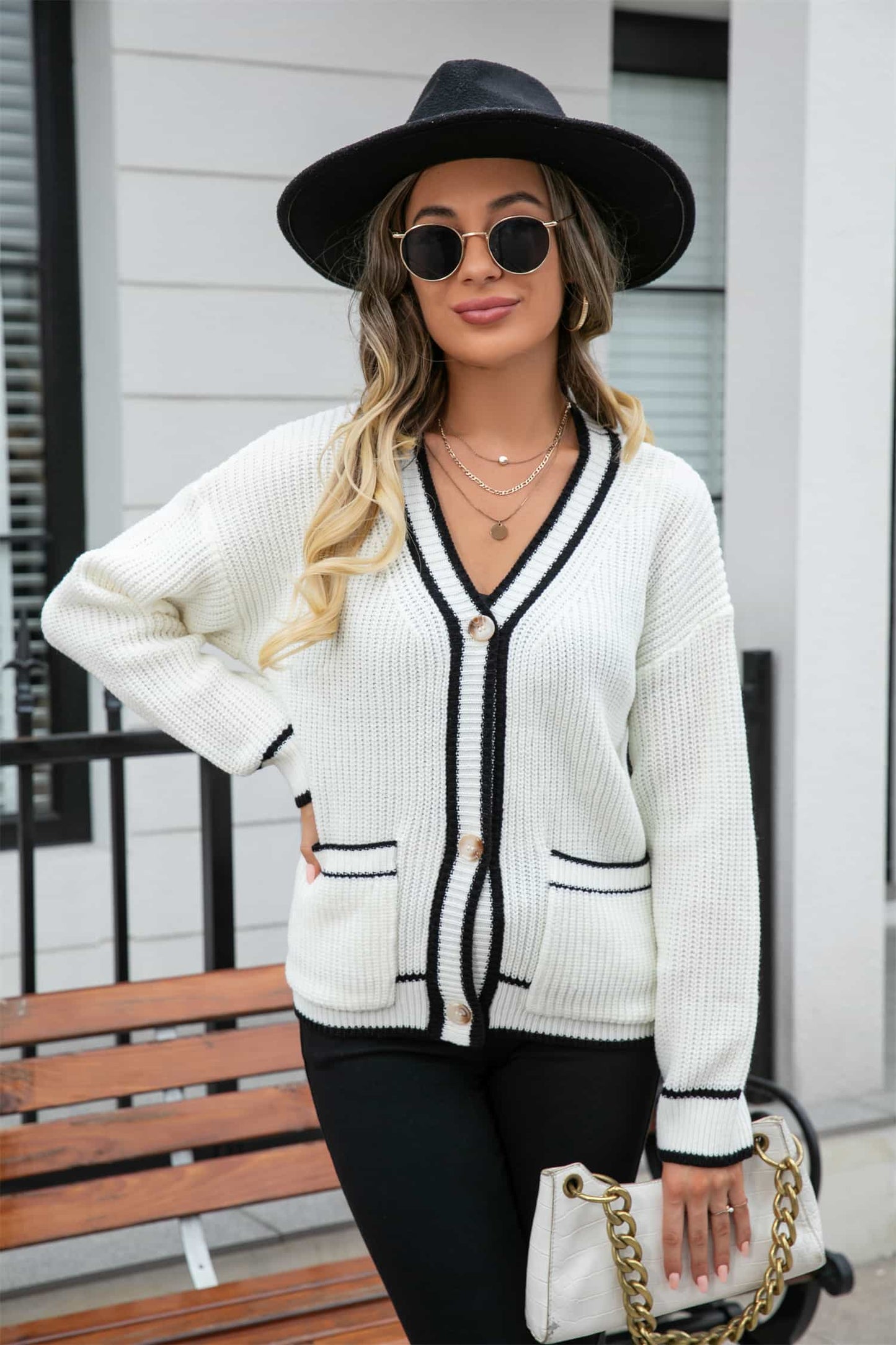 Waffle Knit V-Neck Cardigan with Pocket-Angel Casuals