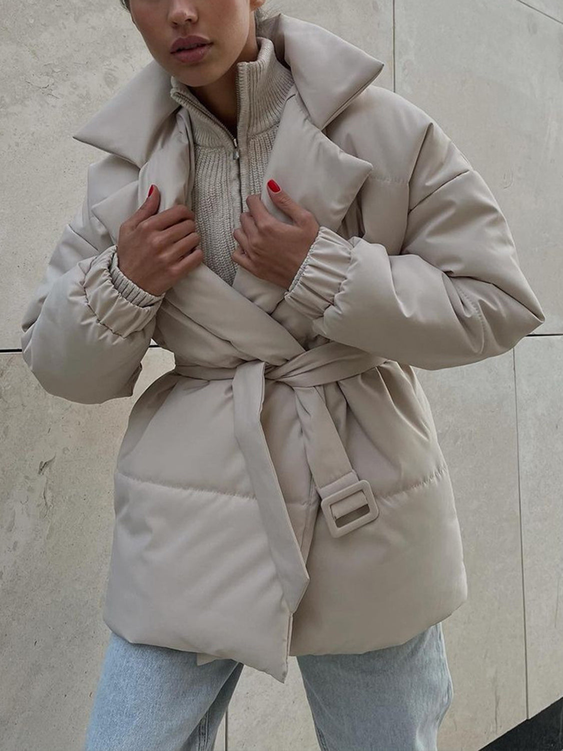 Puffer Long Sleeve Winter Coat with Belt-Angel Casuals