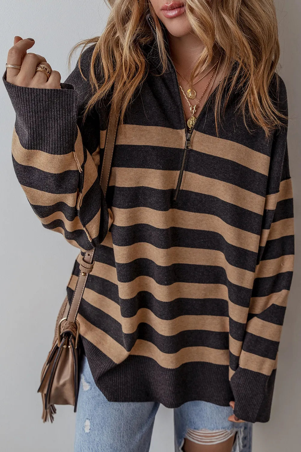 Striped Half Zip Long Sleeve Knit Top-Angel Casuals