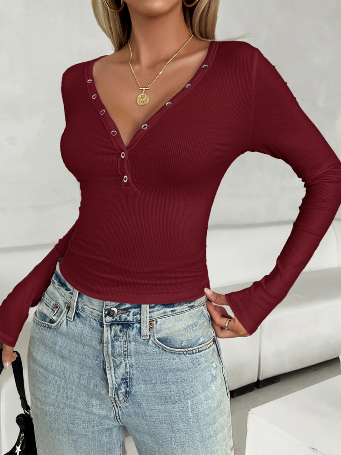 Devine V-Neck Long Sleeve T-Shirt-Angel Casuals