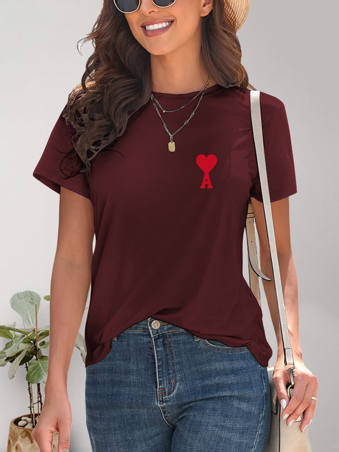 Heart Round Neck Short Sleeve T-Shirt-Angel Casuals