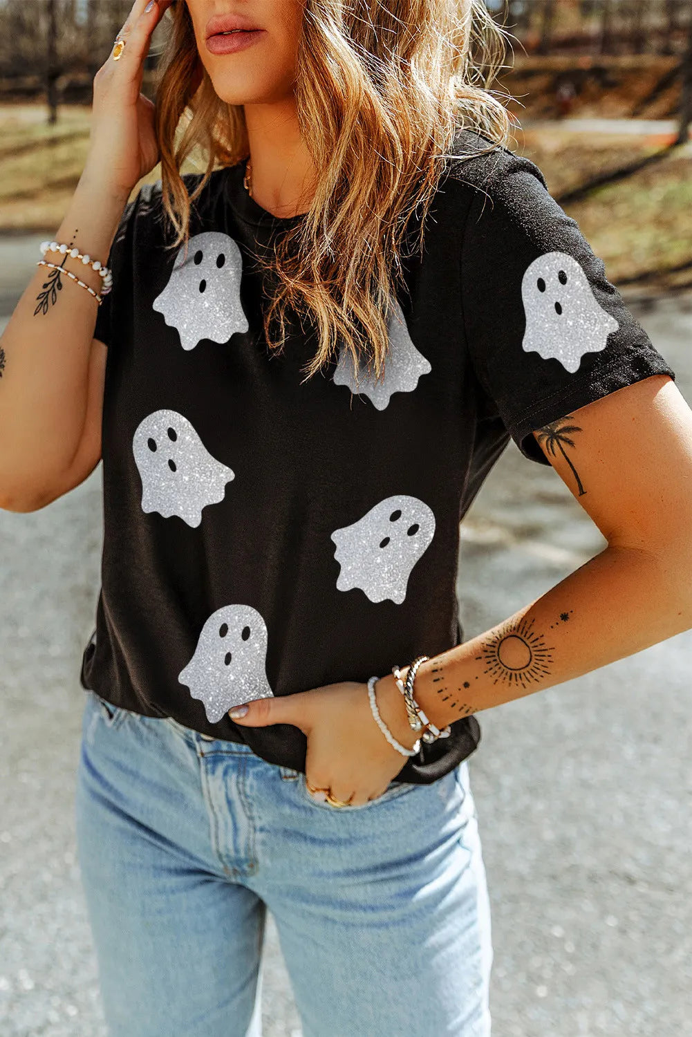 Glitter Ghost Round Neck Short Sleeve T-Shirt-Angel Casuals