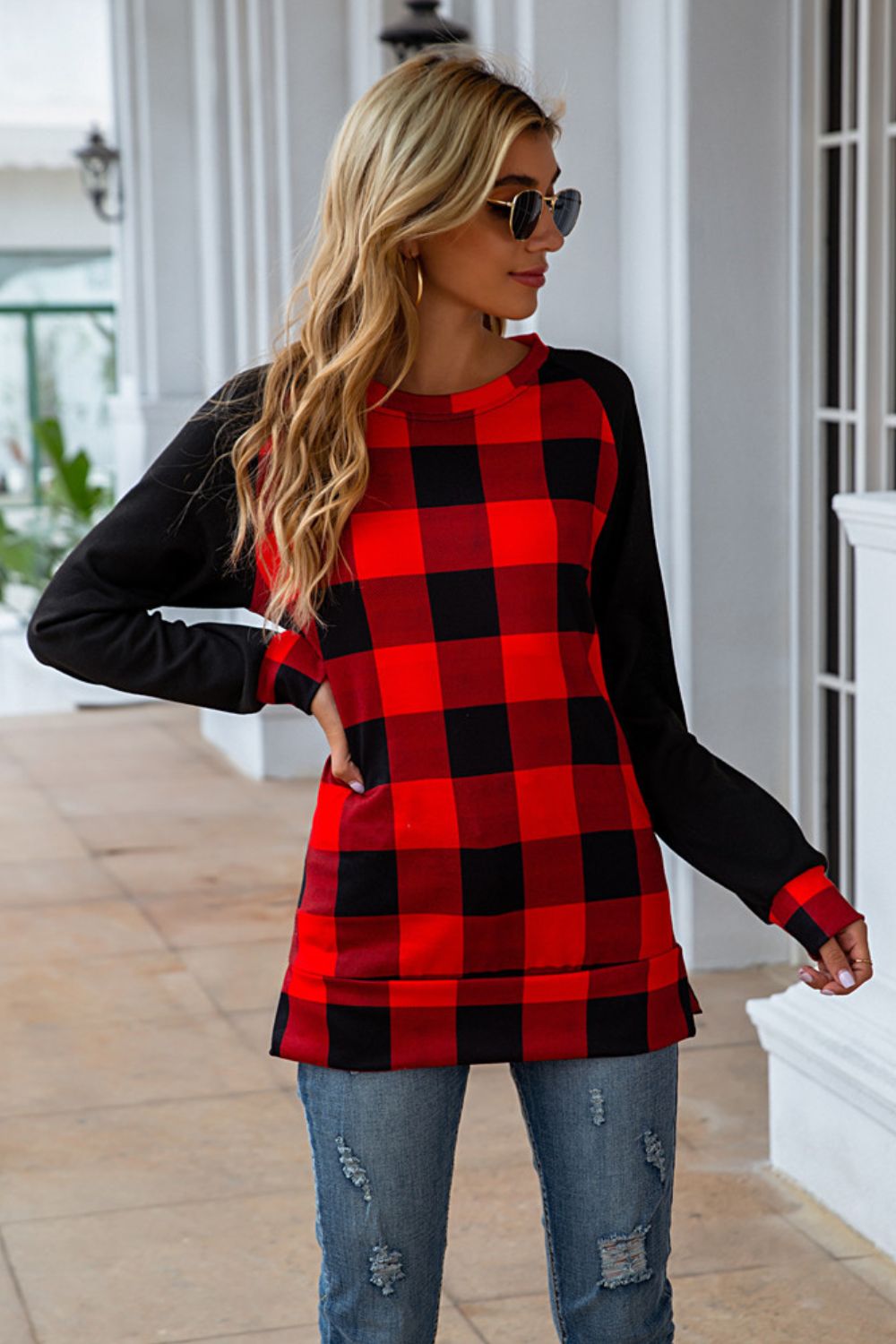 Plaid Round Neck Long Sleeve T-Shirt-Angel Casuals