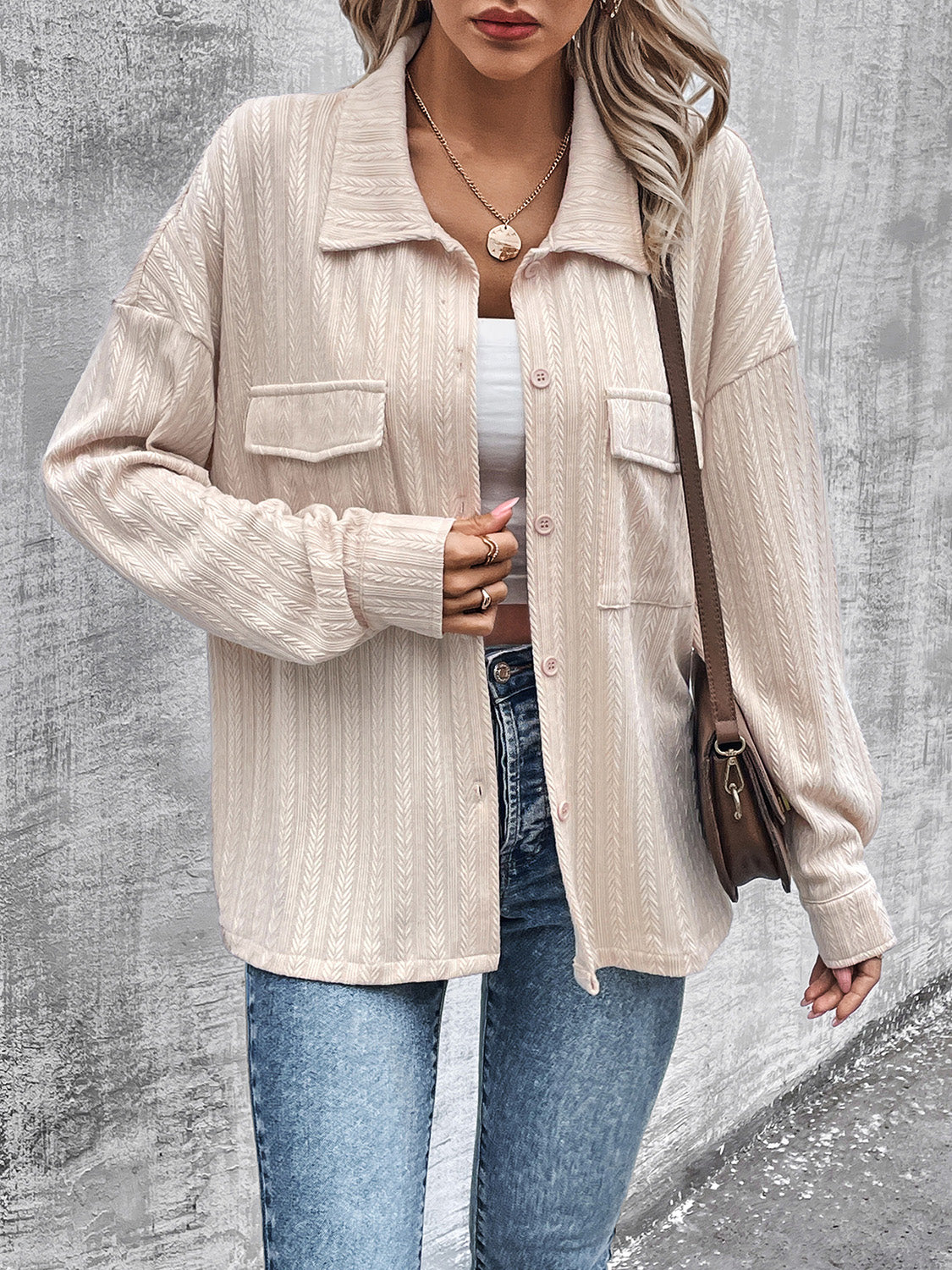 Pocketed Button Up Dropped Shoulder Jacket-Angel Casuals