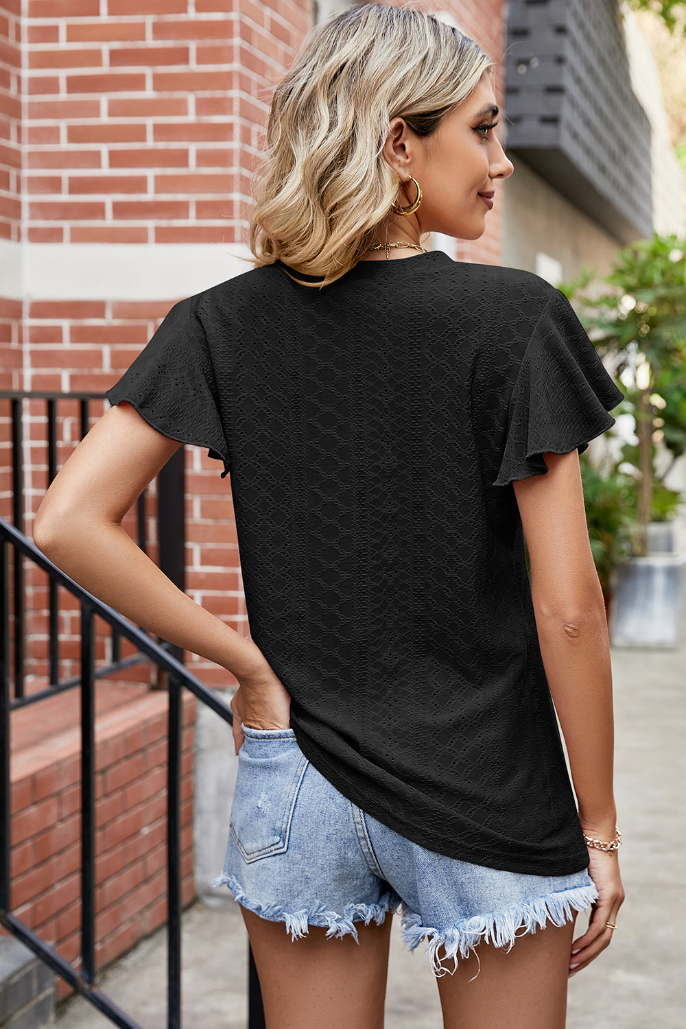 Eyelet V-Neck Flutter Sleeve T-Shirt-Angel Casuals