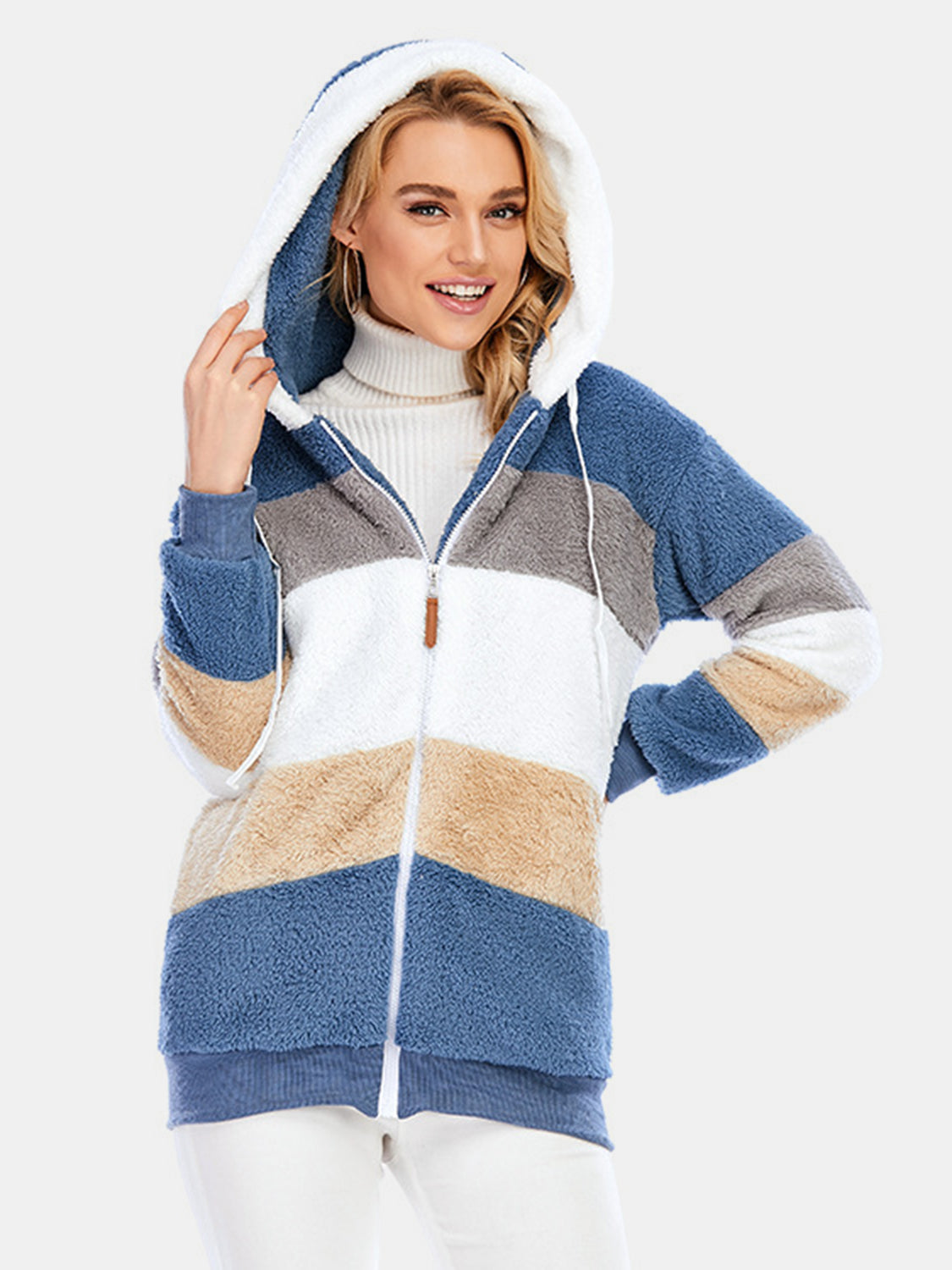 Full Size Drawstring Color Block Zip Up Hooded Outerwear-Angel Casuals