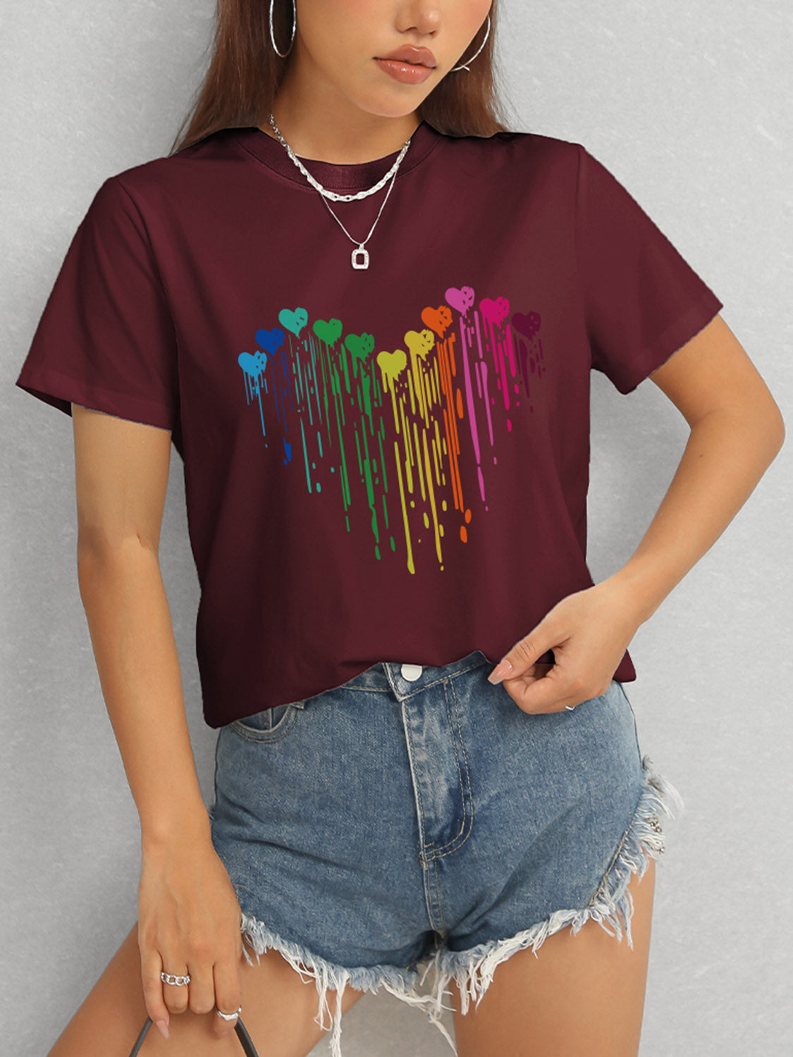 Heart Round Neck Short Sleeve T-Shirt-Angel Casuals