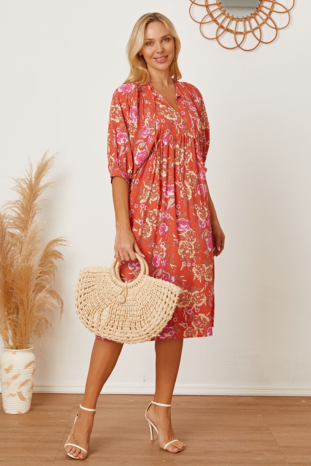Floral Tie Neck Half Sleeve Dress-Angel Casuals