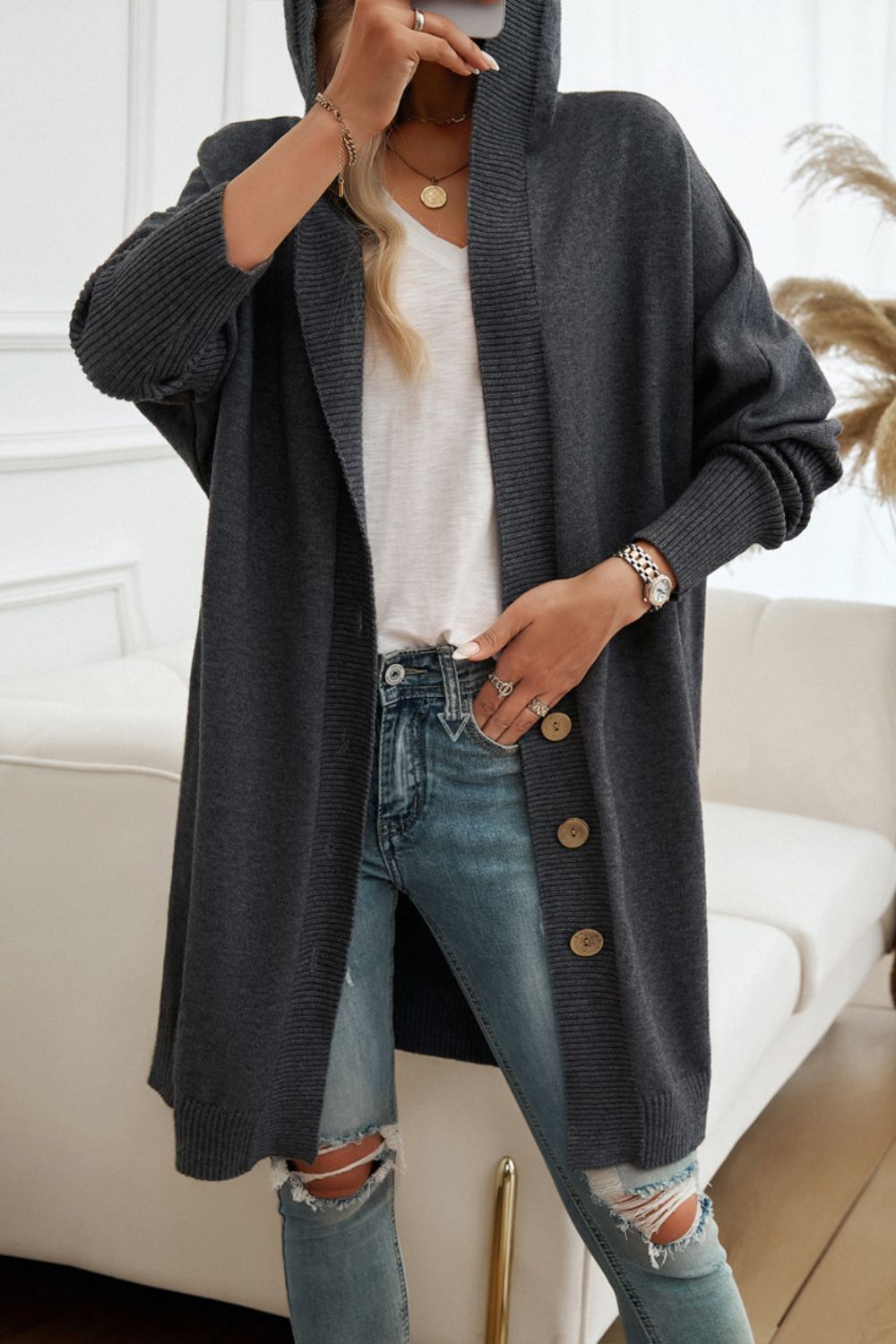 Devine Button Up Long Sleeve Hooded Cardigan-Angel Casuals