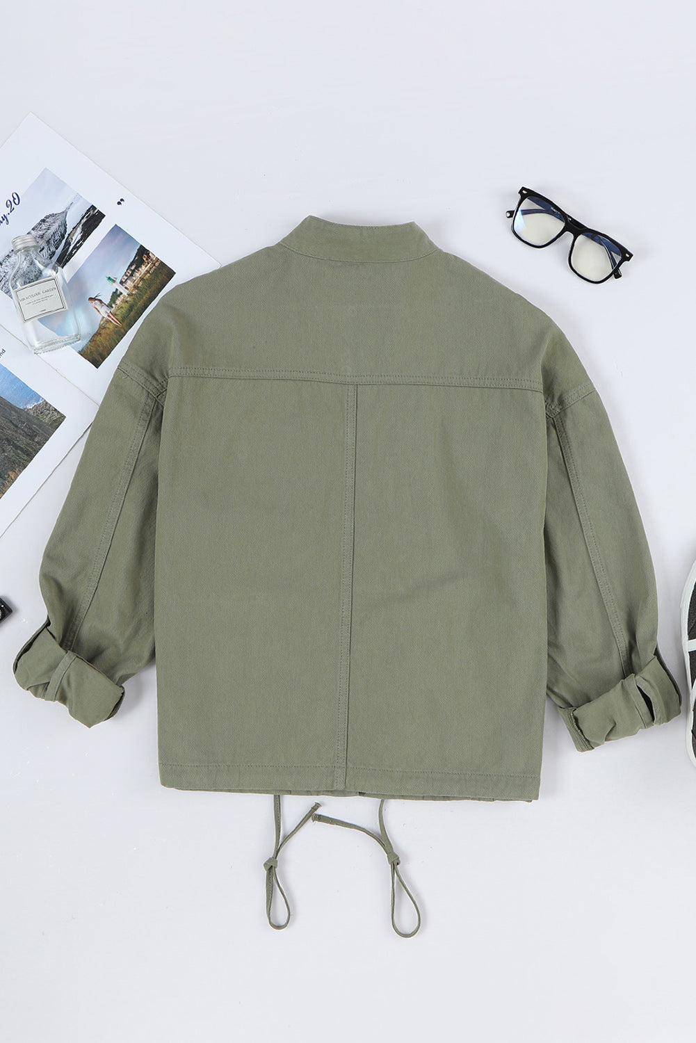 Drawstring Snap Down Dropped Shoulder Denim Jacket-Angel Casuals