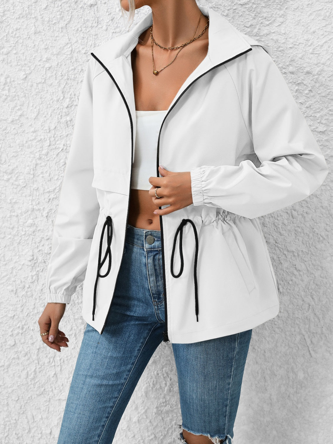 Ivy Lane Drawstring Zip Up Hooded Jacket-Angel Casuals