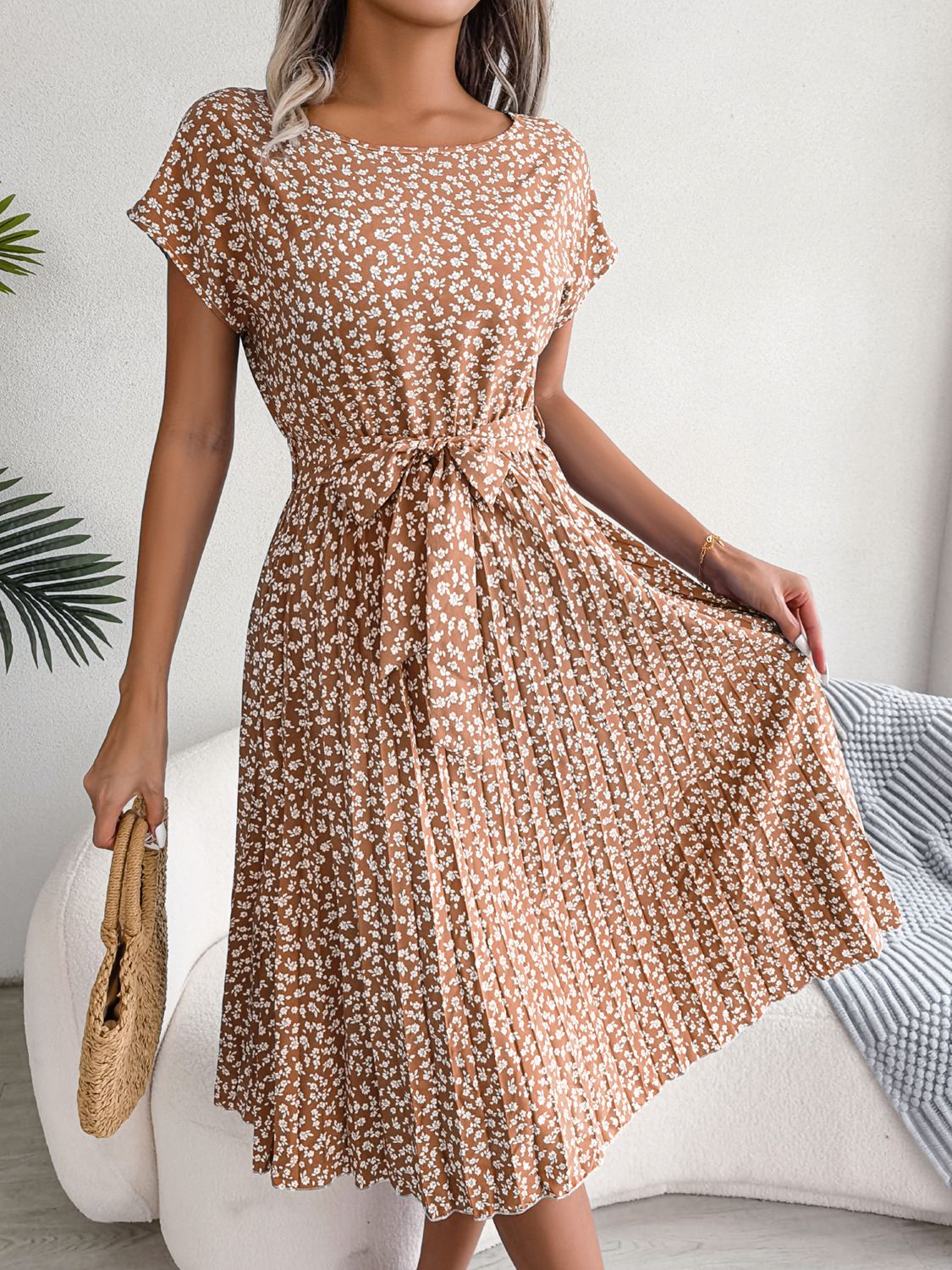 Ditsy Floral Pleated Belted Dress-Angel Casuals