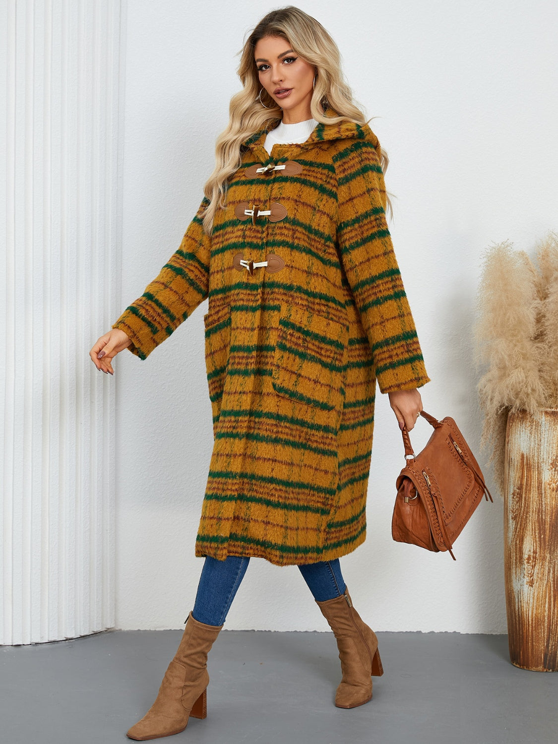 Plaid Long Sleeve Hooded Coat with Pockets-Angel Casuals