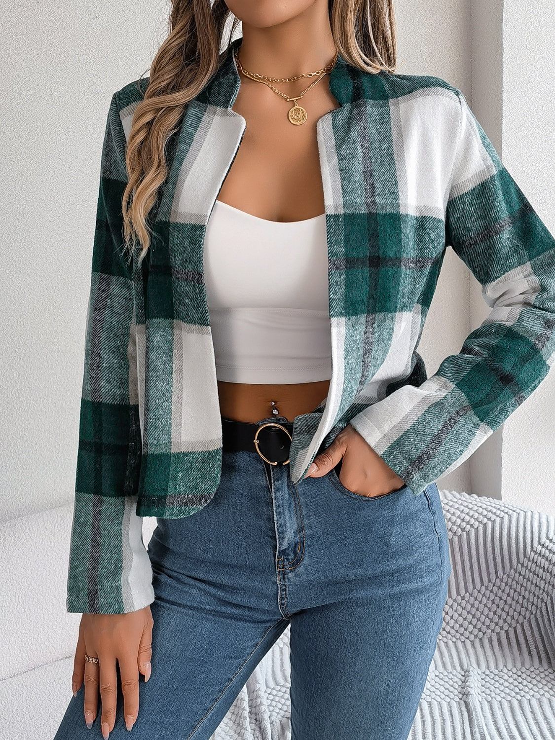 Plaid Open Front Long Sleeve Jacket-Angel Casuals