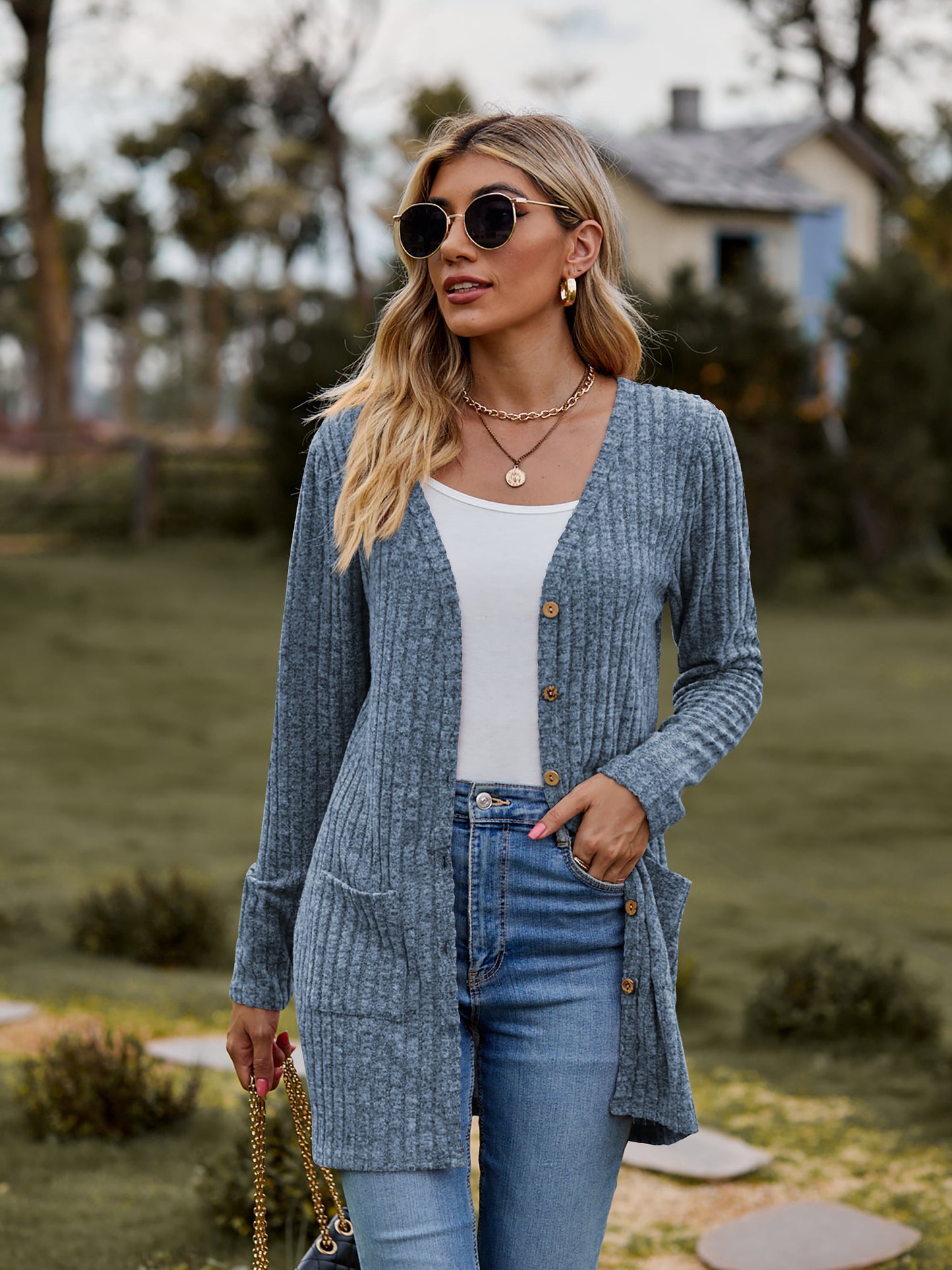 Ribbed Button-Up Cardigan with Pockets-Angel Casuals