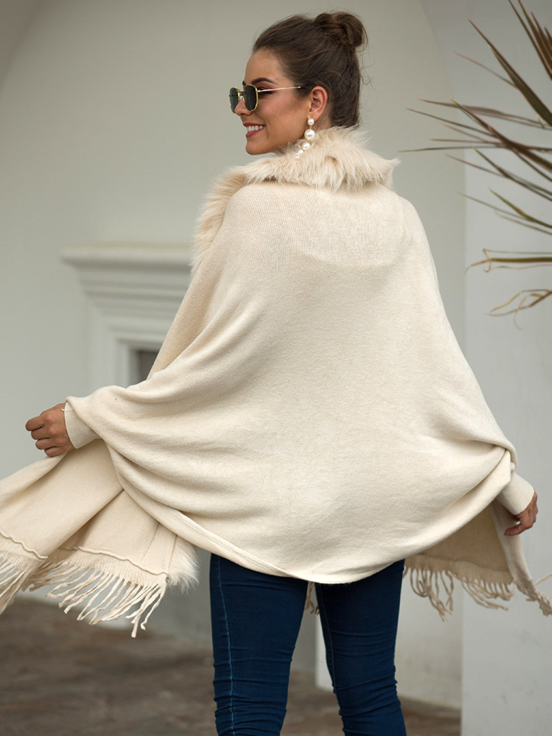 Fringe Open Front Long Sleeve Poncho-Angel Casuals