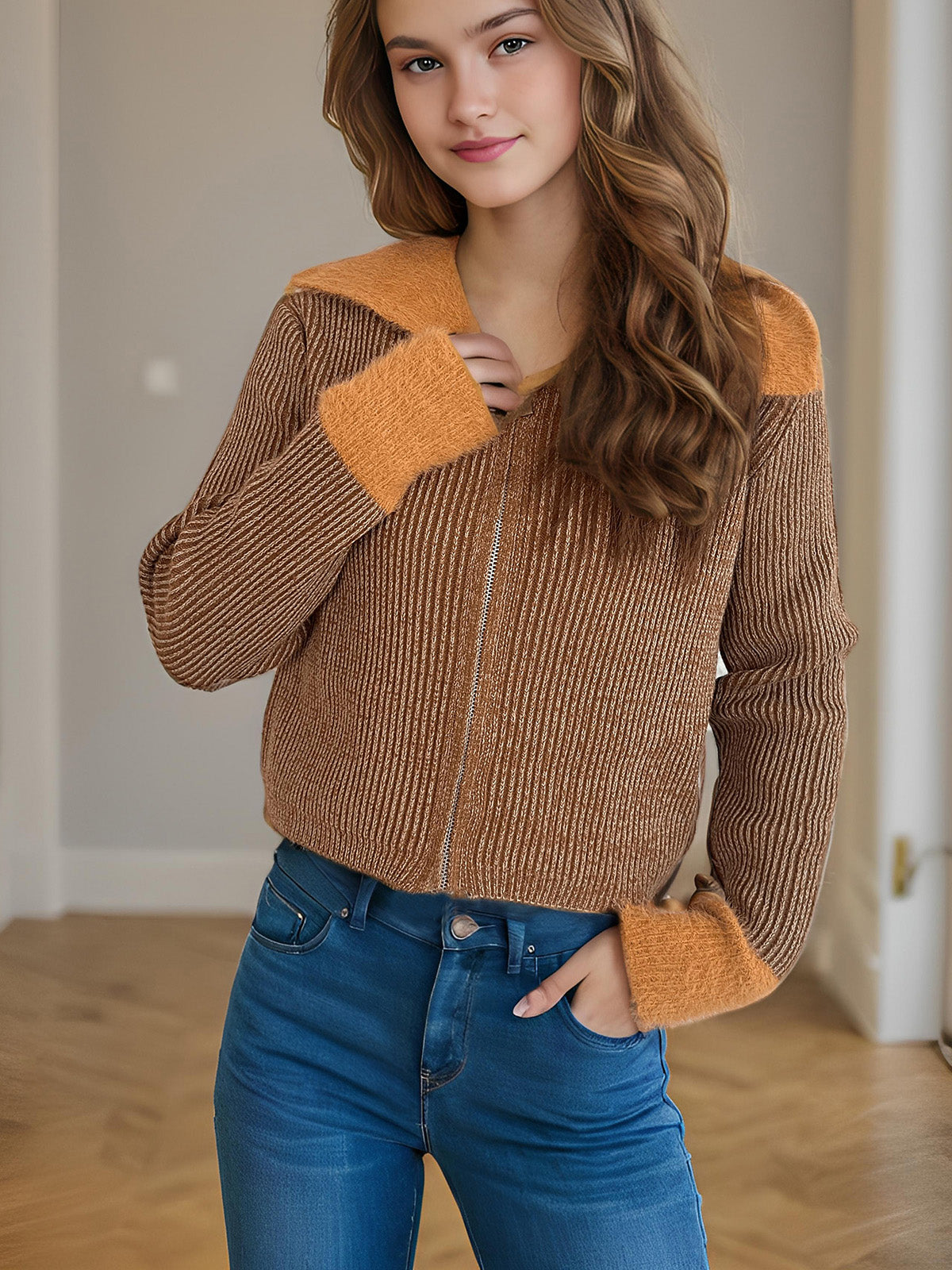 Zip Up Collared Neck Long Sleeve Cardigan-Angel Casuals