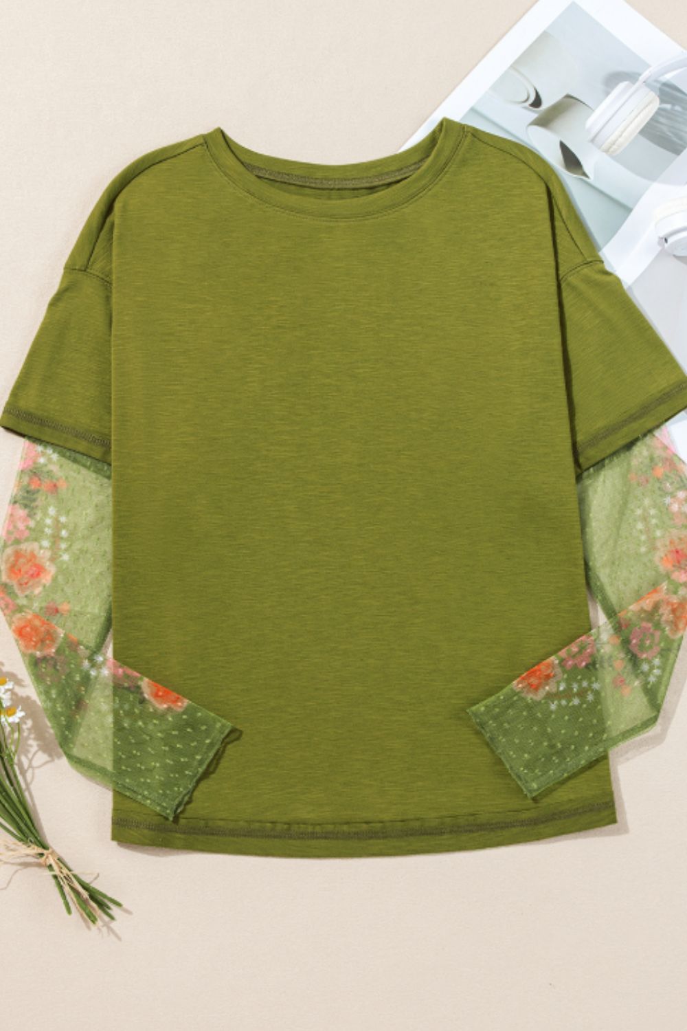 Faux Two Piece Floral Long Sleeve Patchwork Top-Angel Casuals
