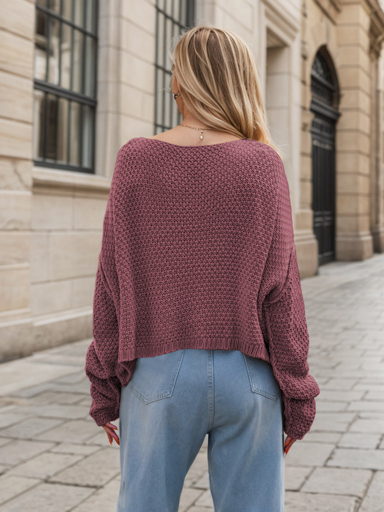 Round Neck Dropped Shoulder Long Sleeve Sweater-Angel Casuals