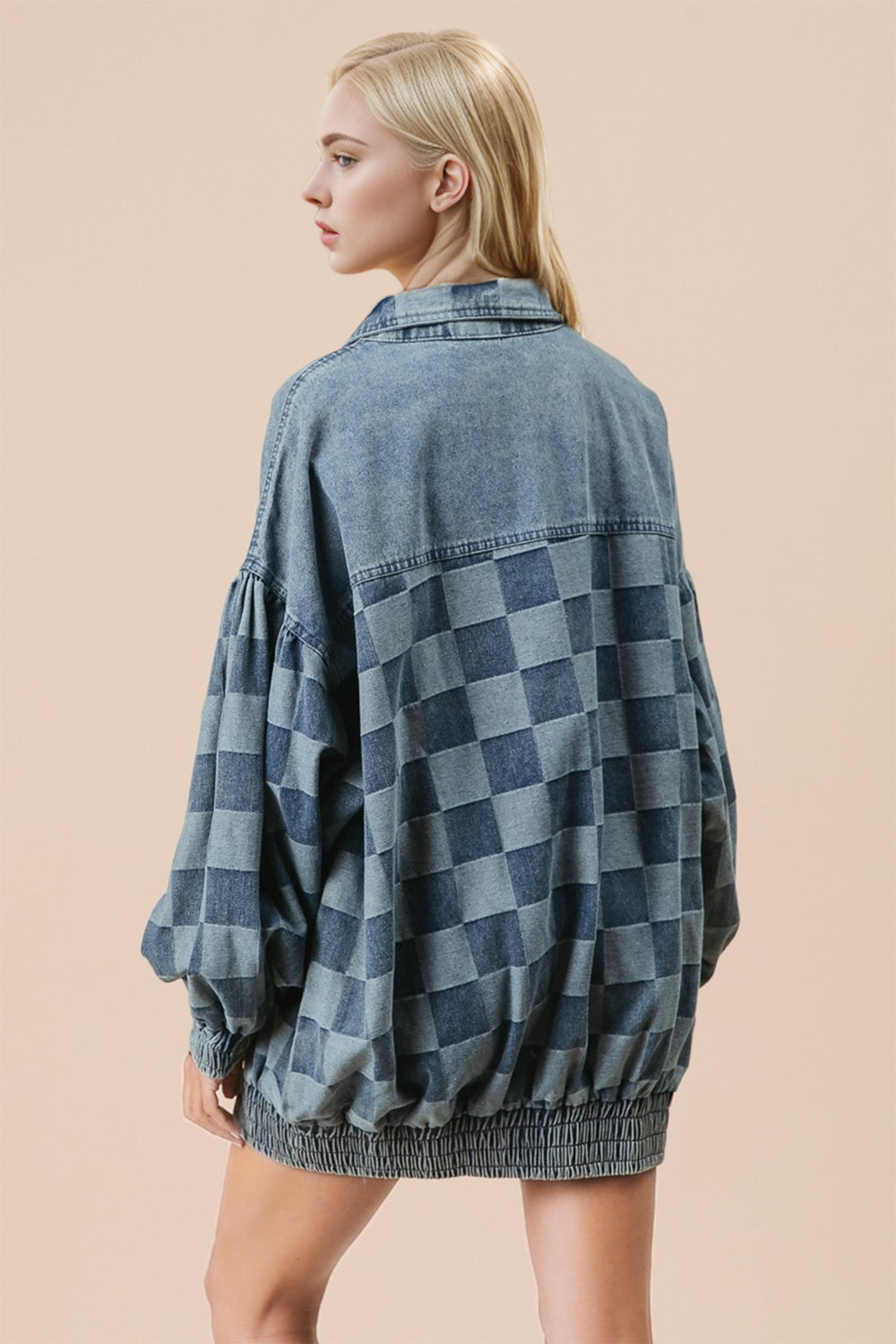 Double Take Checkered Button Up Denim Jacket-Angel Casuals