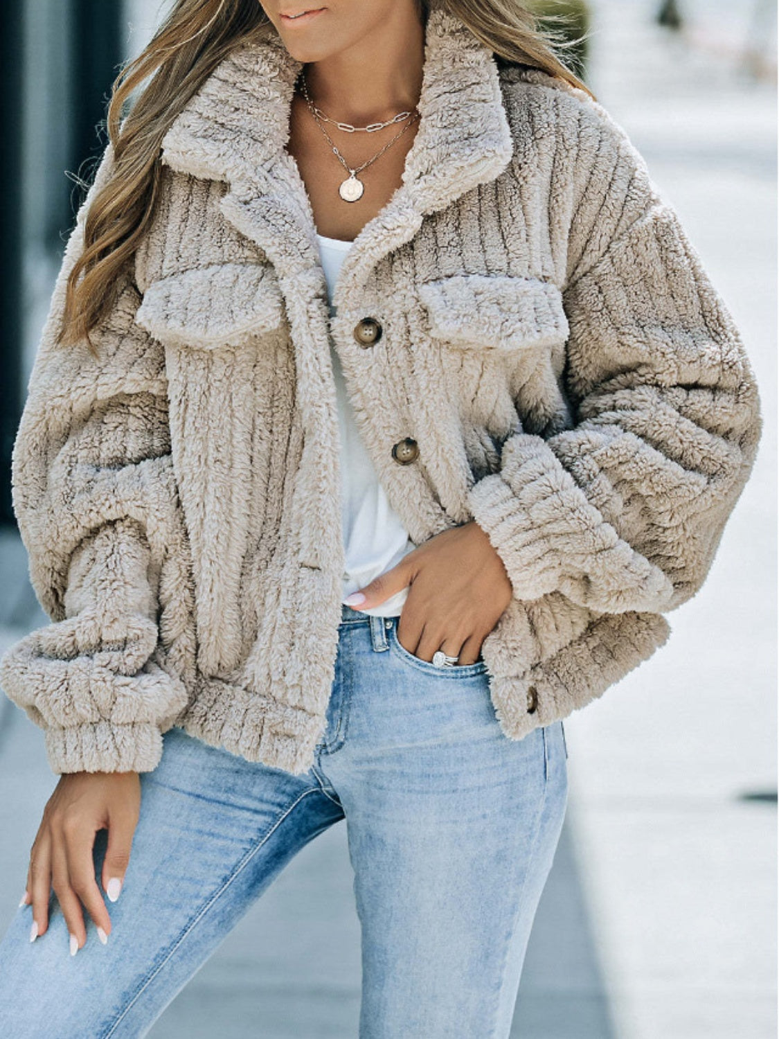Fuzzy Button Up Collared Neck Jacket-Angel Casuals
