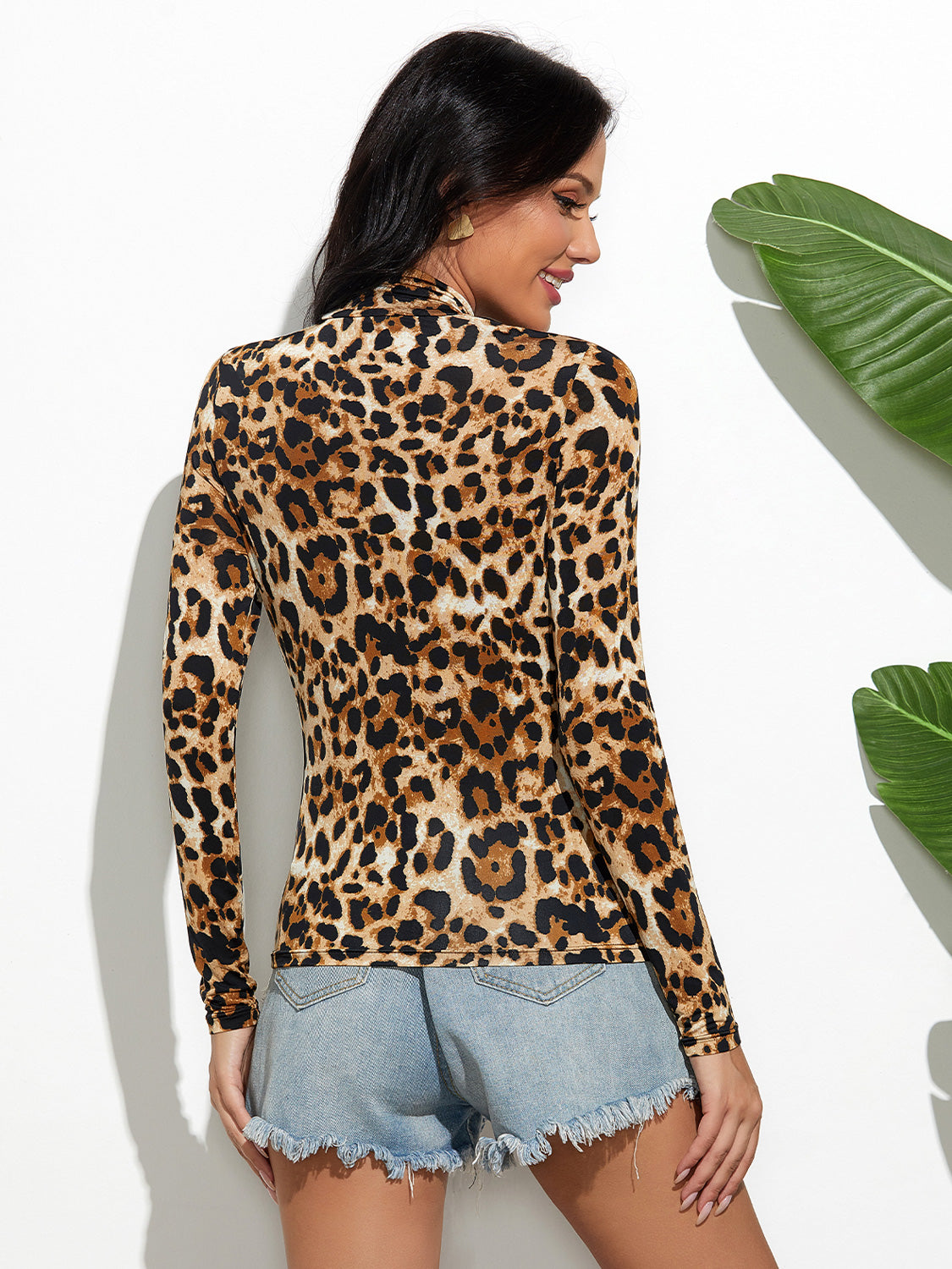 Leopard Mock Neck Long Sleeve T-Shirt-Angel Casuals