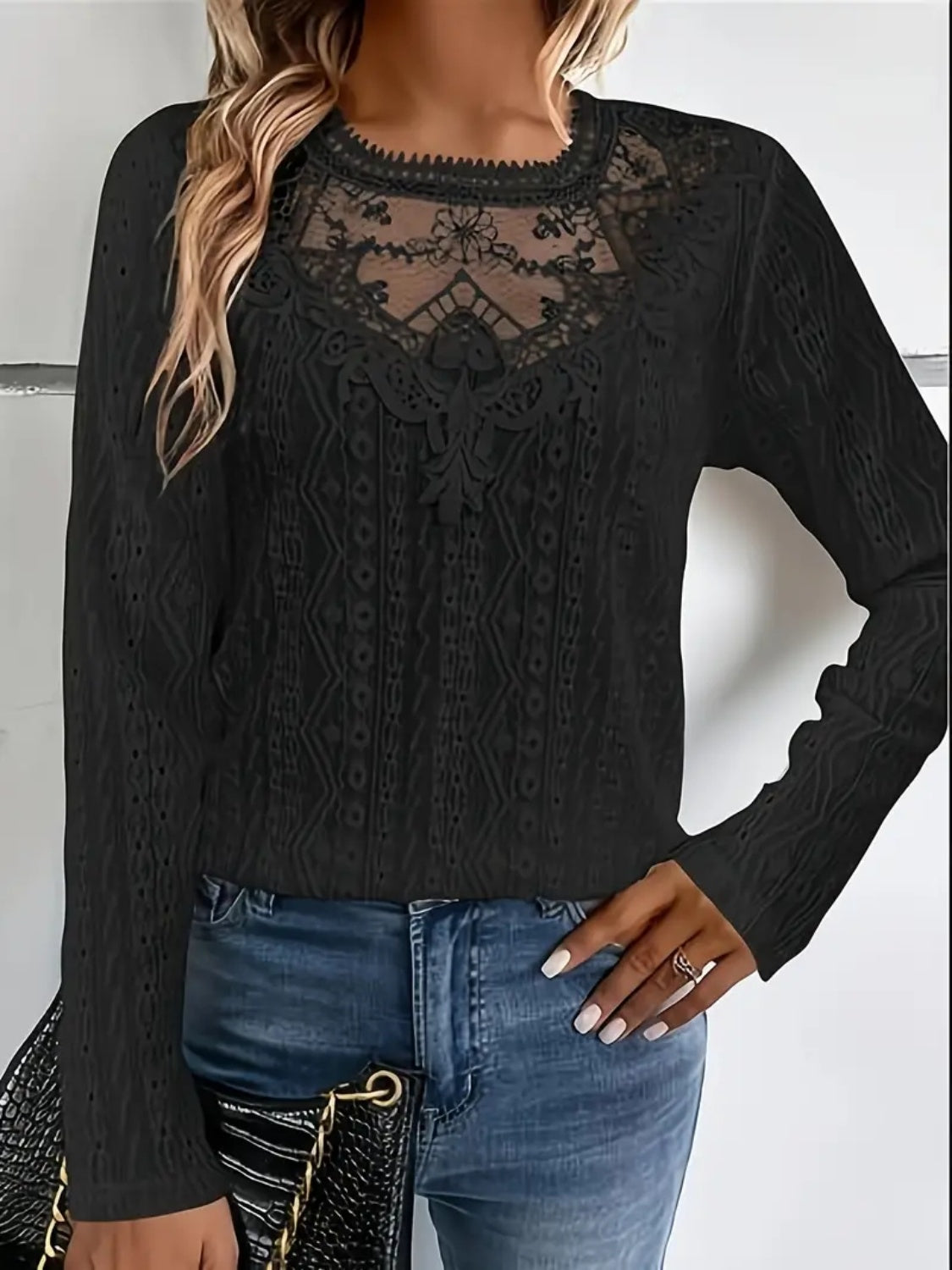 Lace Eyelet Long Sleeve Top-Angel Casuals