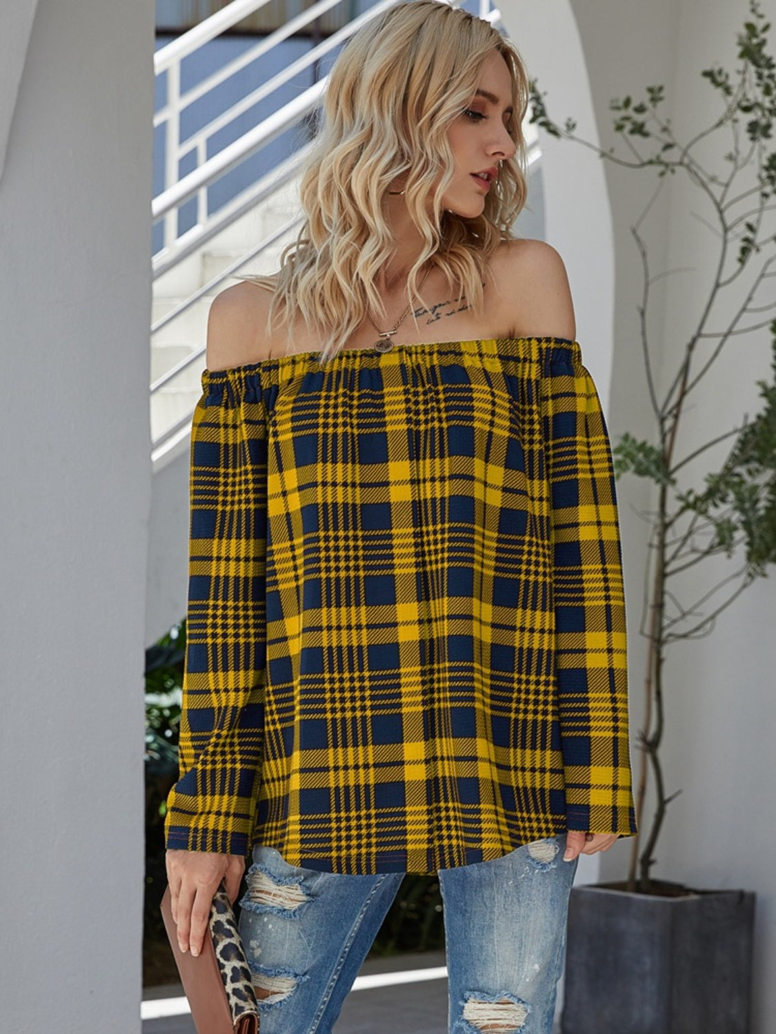 Off-Shoulder Striped Long Sleeve T-Shirt-Angel Casuals