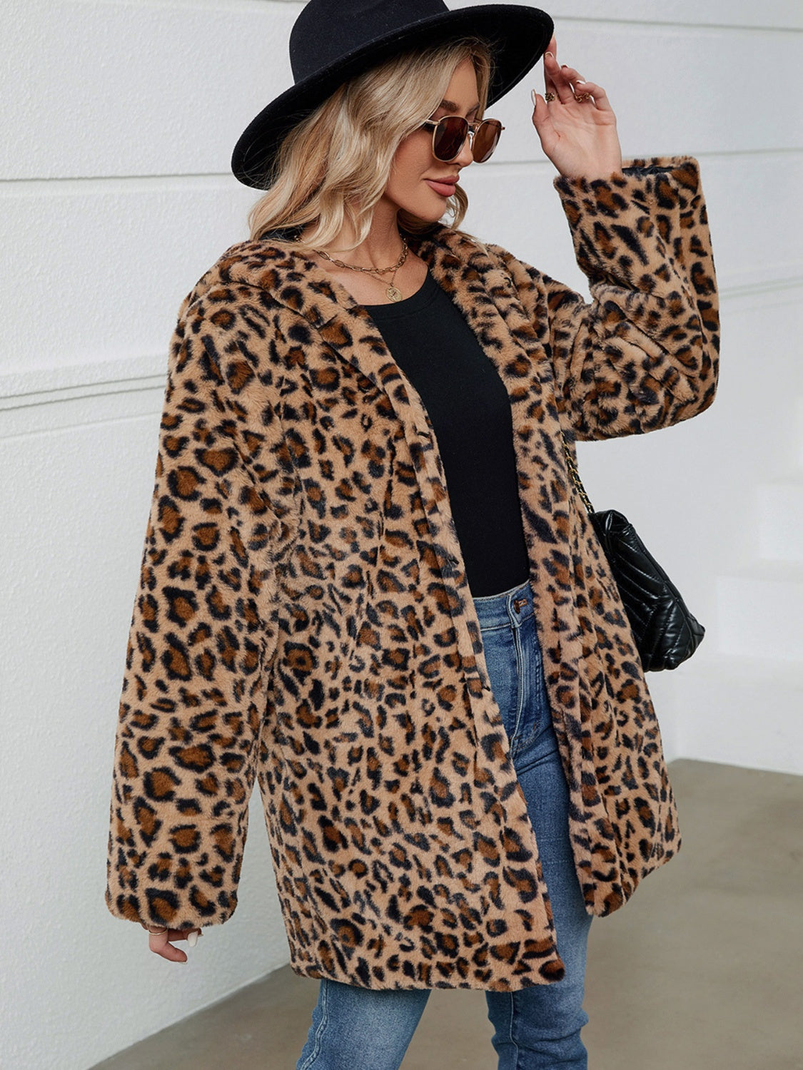 Fuzzy Leopard Hooded Long Sleeve Jacket-Angel Casuals