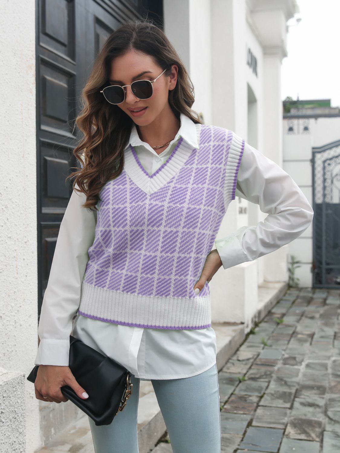 Plaid V-Neck Sweater Vest-Angel Casuals