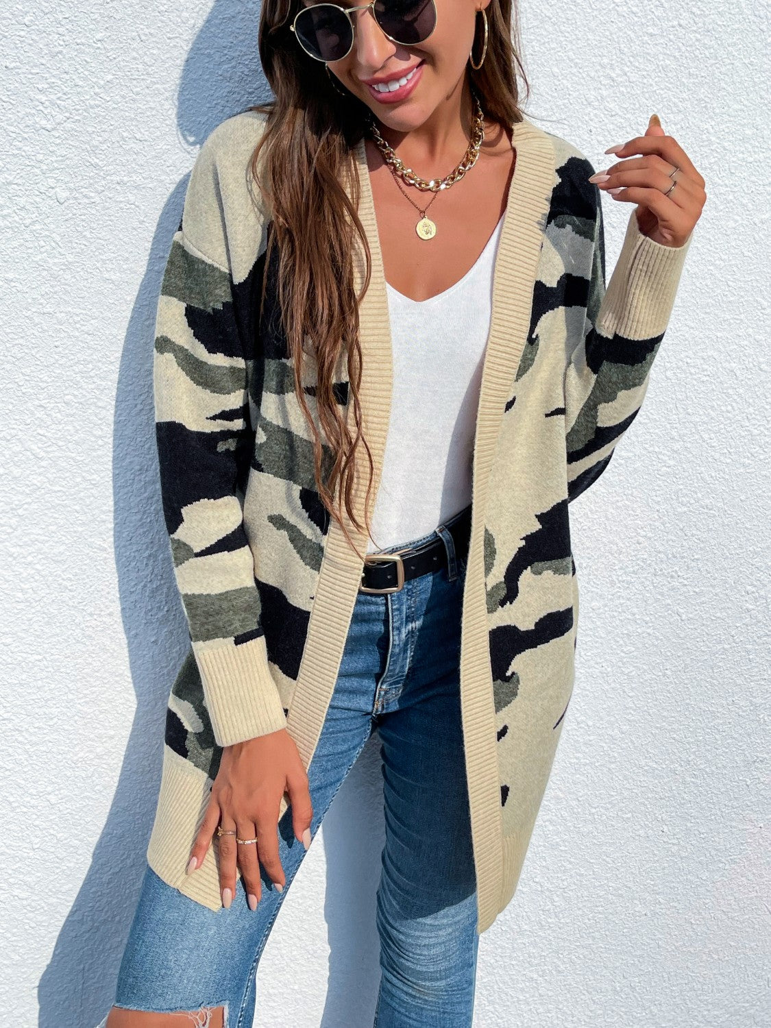 Camouflaged Dropped Shoulder Open Front Cardigan-Angel Casuals